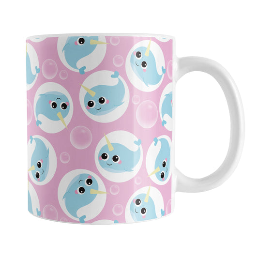 Cute Pink Narwhal Bubble Pattern Mug (11oz) at Amy's Coffee Mugs. A ceramic coffee mug designed with cute light blue narwhals in white circles and with bubbles scattered over a pink background color in a pattern that wraps around the mug up to the handle.
