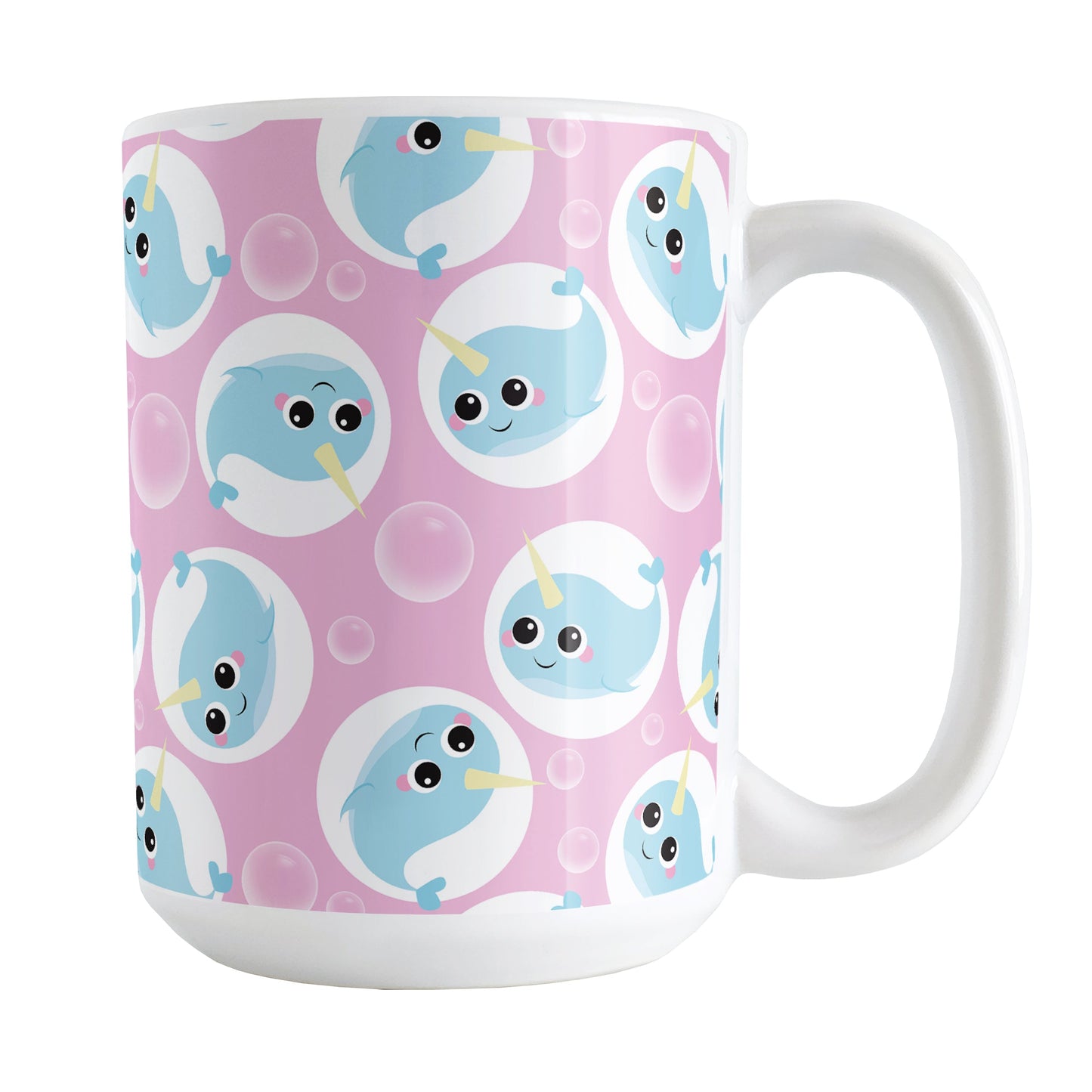 Cute Pink Narwhal Bubble Pattern Mug (15oz) at Amy's Coffee Mugs. A ceramic coffee mug designed with cute light blue narwhals in white circles and with bubbles scattered over a pink background color in a pattern that wraps around the mug up to the handle.