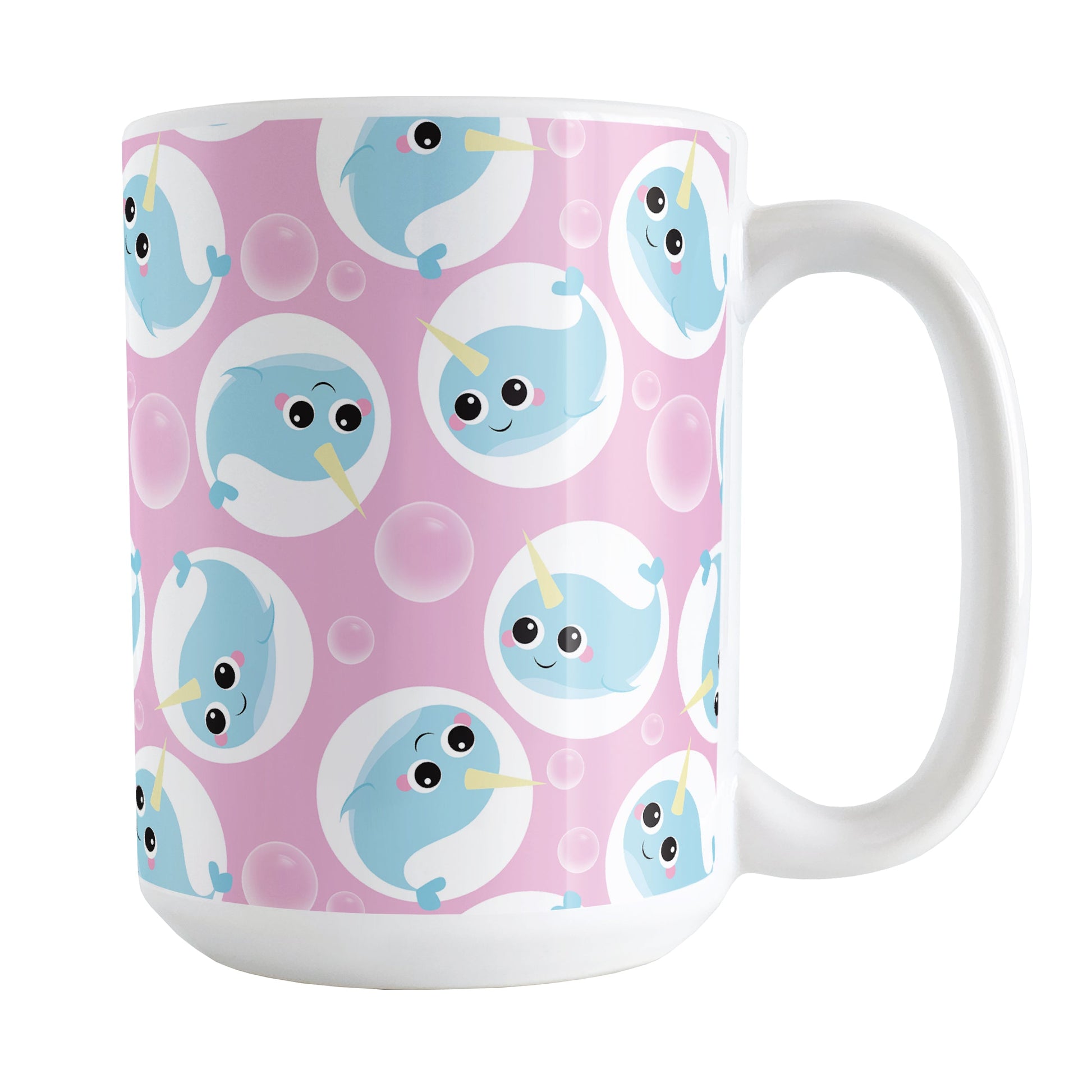 Cute Pink Narwhal Bubble Pattern Mug (15oz) at Amy's Coffee Mugs. A ceramic coffee mug designed with cute light blue narwhals in white circles and with bubbles scattered over a pink background color in a pattern that wraps around the mug up to the handle.