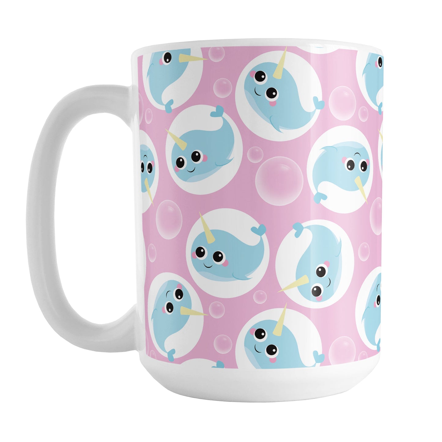Cute Pink Narwhal Bubble Pattern Mug (15oz) at Amy's Coffee Mugs. A ceramic coffee mug designed with cute light blue narwhals in white circles and with bubbles scattered over a pink background color in a pattern that wraps around the mug up to the handle.