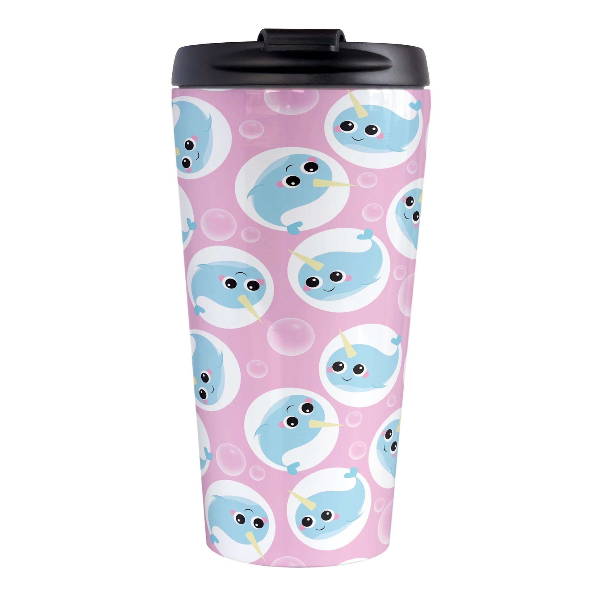 Cute Pink Narwhal Bubble Pattern Travel Mug (15oz, stainless steel insulated) at Amy's Coffee Mugs. A travel mug designed with cute light blue narwhals in white circles and with bubbles scattered over a pink background color in a pattern that wraps around the travel mug.
