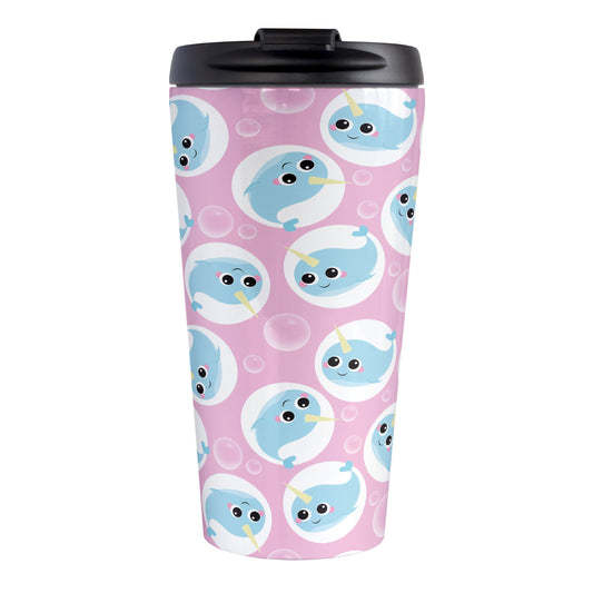 Cute Pink Narwhal Bubble Pattern Travel Mug (15oz, stainless steel insulated) at Amy's Coffee Mugs. A travel mug designed with cute light blue narwhals in white circles and with bubbles scattered over a pink background color in a pattern that wraps around the travel mug.