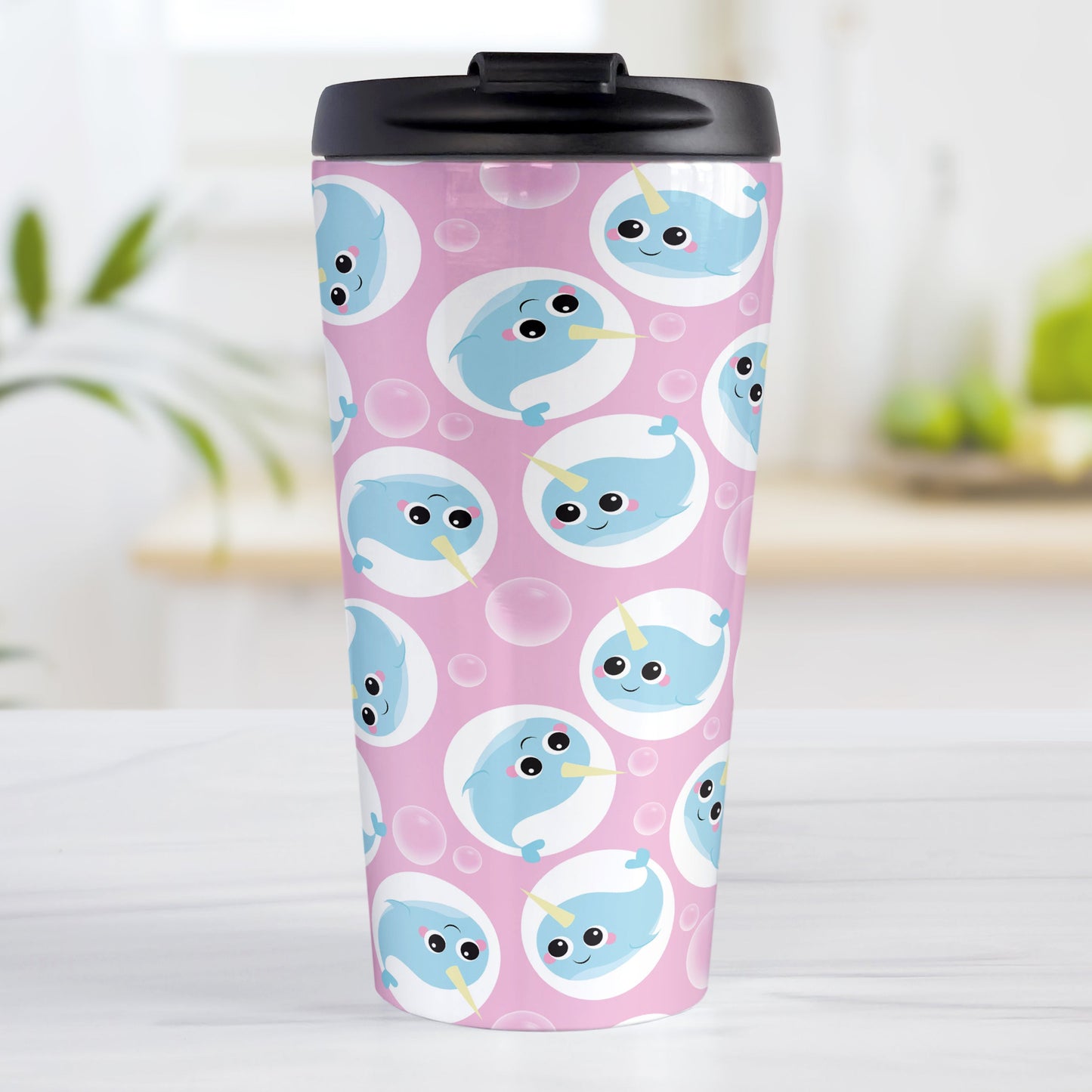 Cute Pink Narwhal Bubble Pattern Travel Mug (15oz, stainless steel insulated) at Amy's Coffee Mugs. A travel mug designed with cute light blue narwhals in white circles and with bubbles scattered over a pink background color in a pattern that wraps around the travel mug.