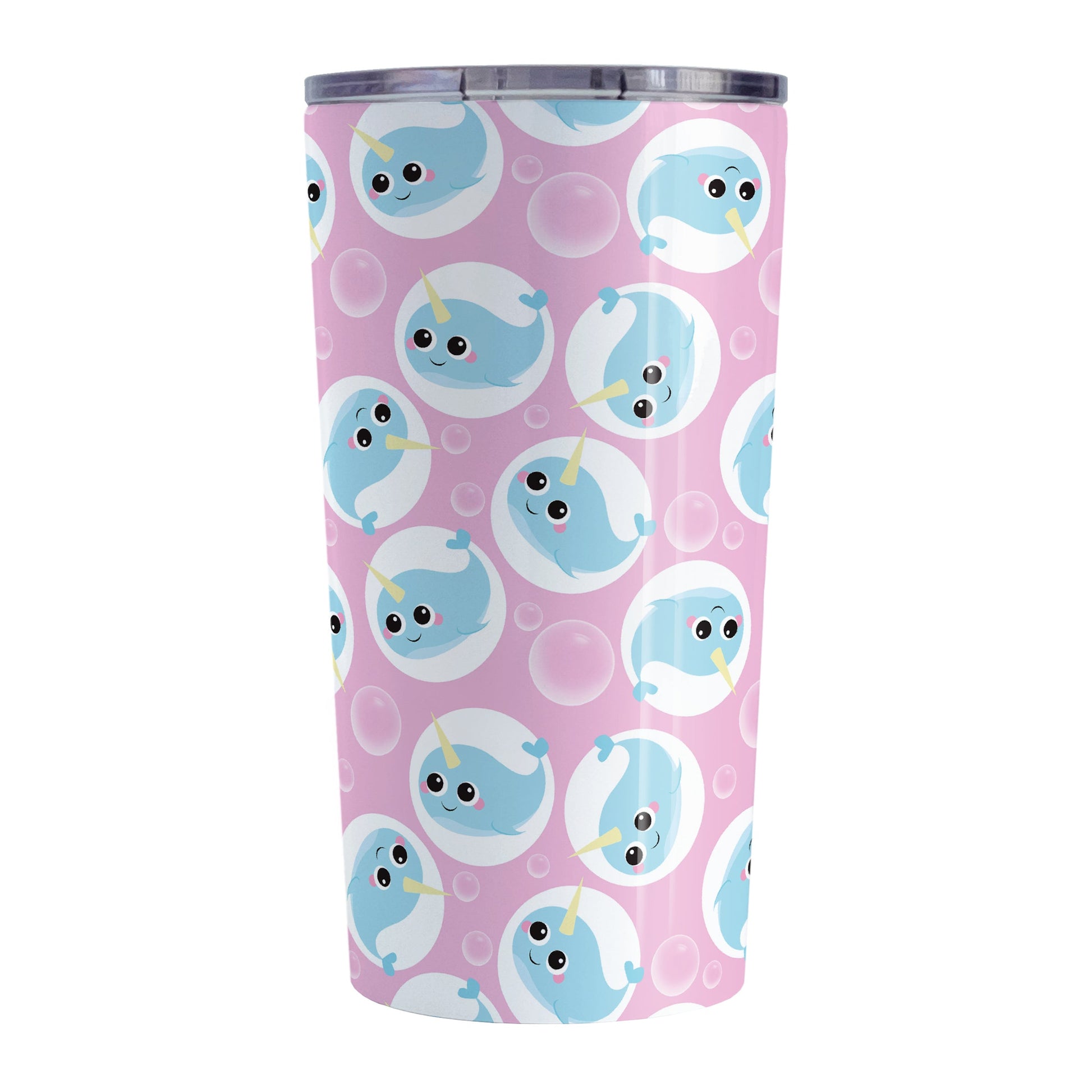Cute Pink Narwhal Bubble Pattern Tumbler Cup (20oz, stainless steel insulated) at Amy's Coffee Mugs. A tumbler cup designed with cute light blue narwhals in white circles and with bubbles scattered over a pink background color in a pattern that wraps around the cup.