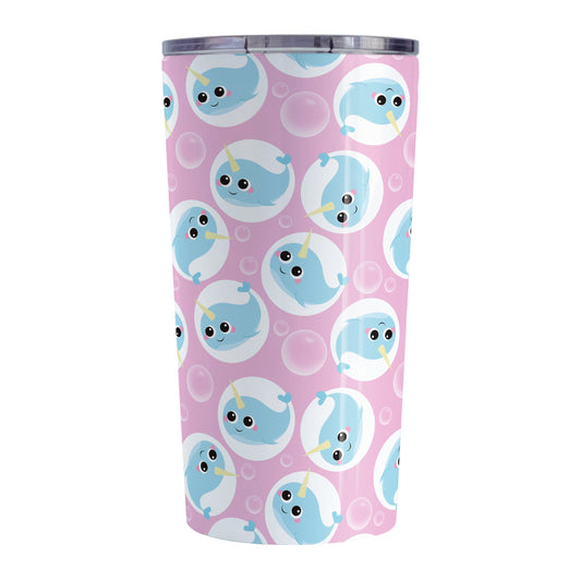 Cute Pink Narwhal Bubble Pattern Tumbler Cup (20oz, stainless steel insulated) at Amy's Coffee Mugs. A tumbler cup designed with cute light blue narwhals in white circles and with bubbles scattered over a pink background color in a pattern that wraps around the cup.
