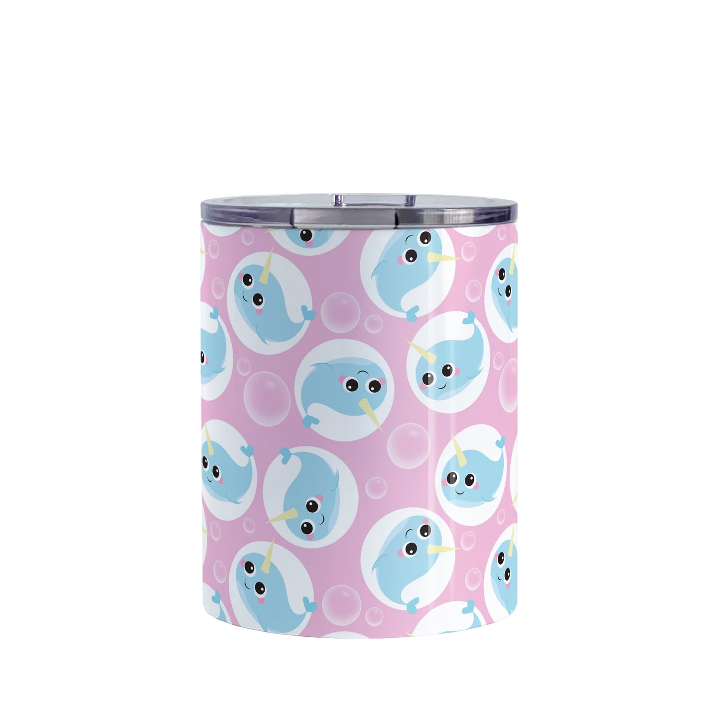 Cute Pink Narwhal Bubble Pattern Tumbler Cup (10oz, stainless steel insulated) at Amy's Coffee Mugs. A tumbler cup designed with cute light blue narwhals in white circles and with bubbles scattered over a pink background color in a pattern that wraps around the cup.