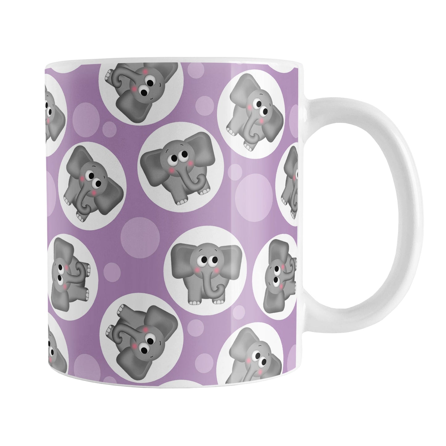Cute Purple Elephant Pattern Mug (11oz) at Amy's Coffee Mugs. A ceramic coffee mug designed with cute and affectionate gray elephants in white circles scattered over a purple background color in a pattern that wraps around the mug up to the handle.