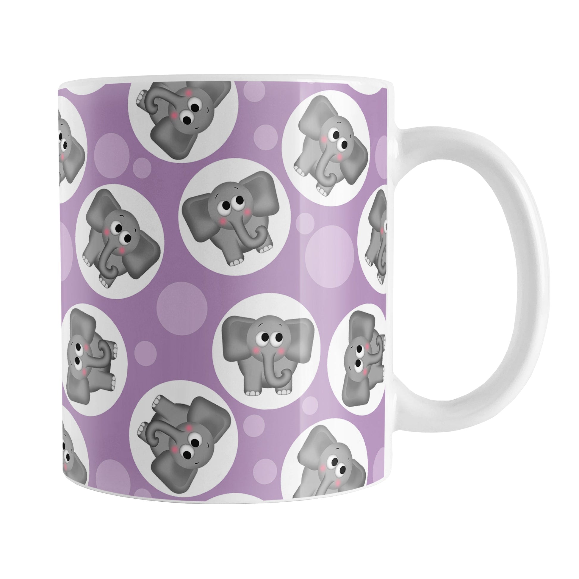 Cute Purple Elephant Pattern Mug (11oz) at Amy's Coffee Mugs. A ceramic coffee mug designed with cute and affectionate gray elephants in white circles scattered over a purple background color in a pattern that wraps around the mug up to the handle.