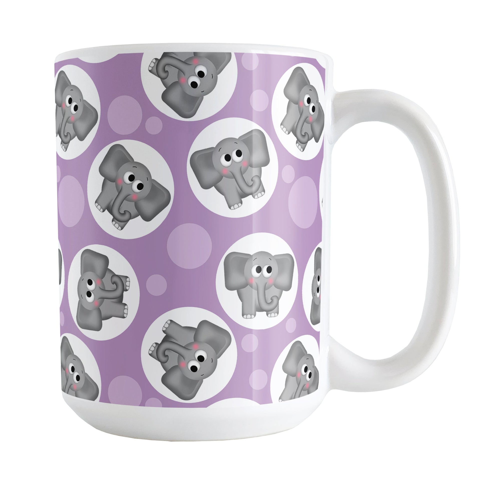 Cute Purple Elephant Pattern Mug (15oz) at Amy's Coffee Mugs. A ceramic coffee mug designed with cute and affectionate gray elephants in white circles scattered over a purple background color in a pattern that wraps around the mug up to the handle.