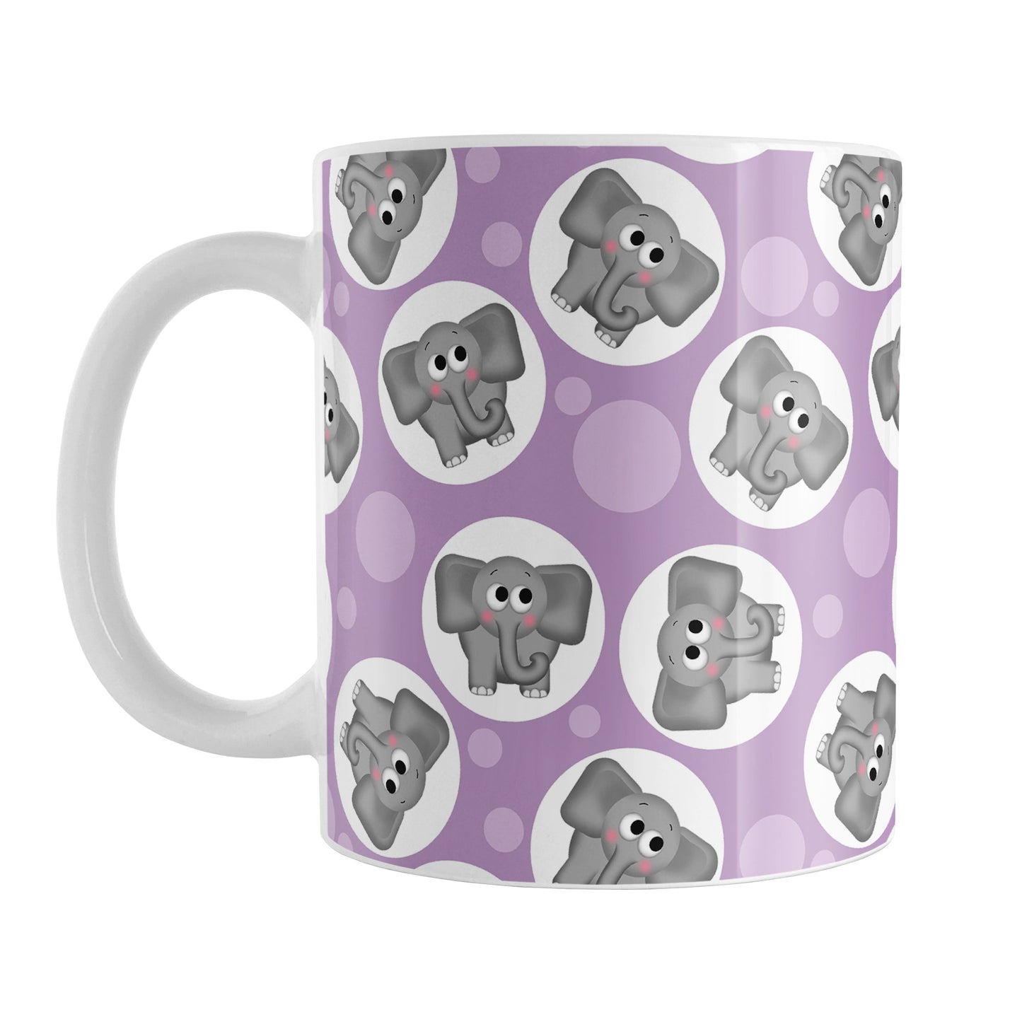 Cute Purple Elephant Pattern Mug (11oz) at Amy's Coffee Mugs. A ceramic coffee mug designed with cute and affectionate gray elephants in white circles scattered over a purple background color in a pattern that wraps around the mug up to the handle.