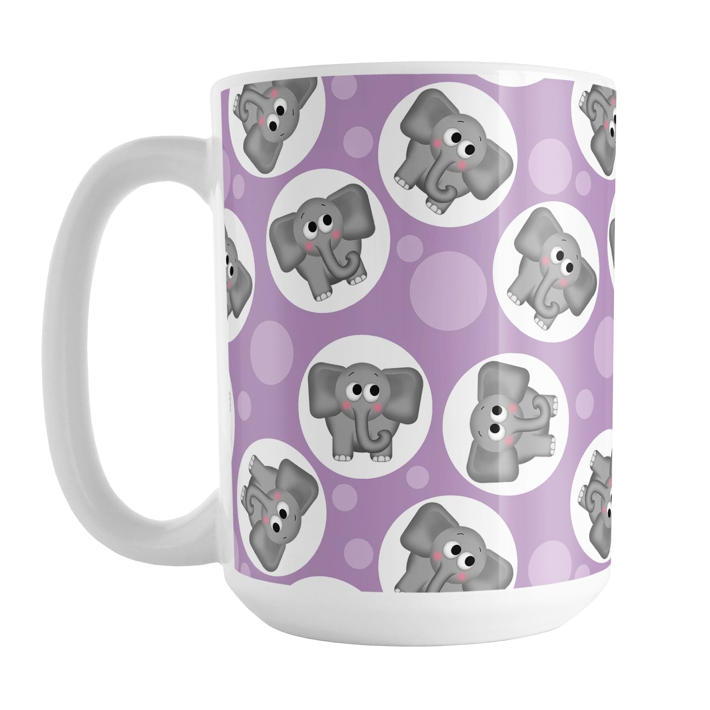 Cute Purple Elephant Pattern Mug (15oz) at Amy's Coffee Mugs. A ceramic coffee mug designed with cute and affectionate gray elephants in white circles scattered over a purple background color in a pattern that wraps around the mug up to the handle.
