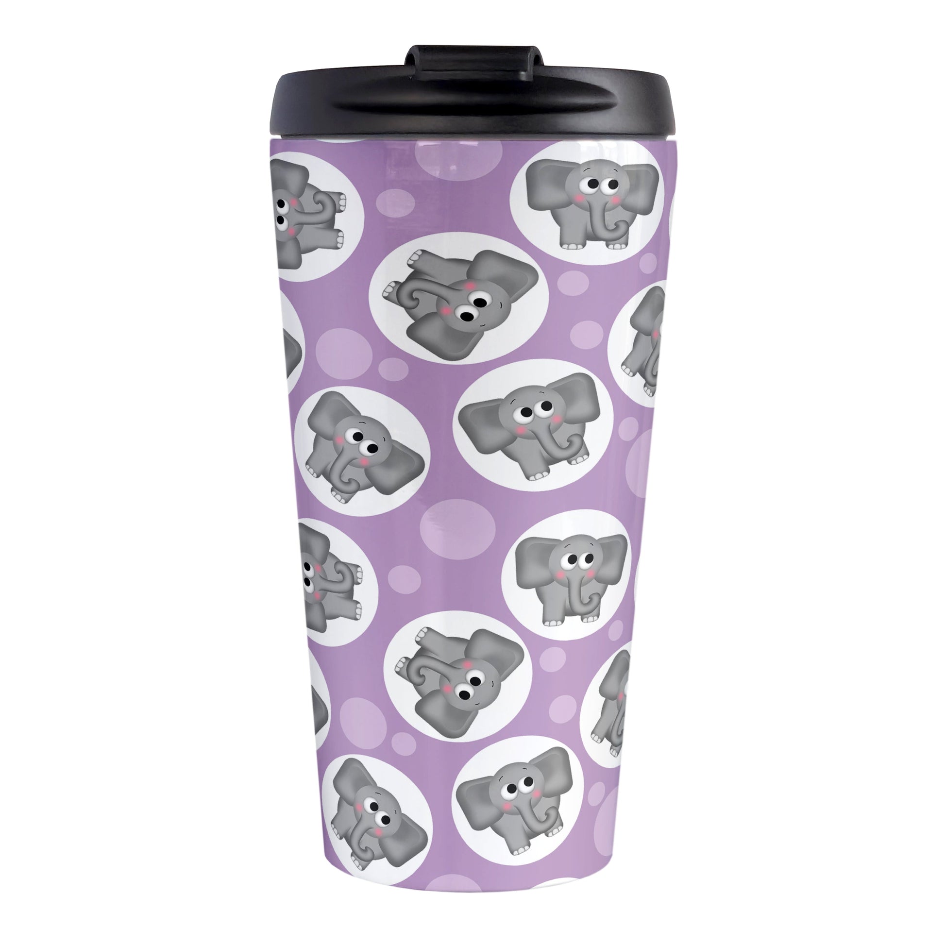 Cute Purple Elephant Pattern Travel Mug (15oz, stainless steel insulated) at Amy's Coffee Mugs. A travel mug designed with cute and affectionate gray elephants in white circles scattered over a purple background color in a pattern that wraps around the travel mug.