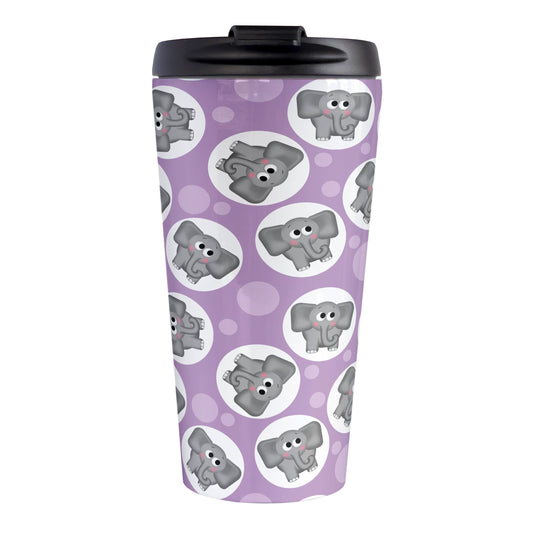 Cute Purple Elephant Pattern Travel Mug (15oz, stainless steel insulated) at Amy's Coffee Mugs. A travel mug designed with cute and affectionate gray elephants in white circles scattered over a purple background color in a pattern that wraps around the travel mug.