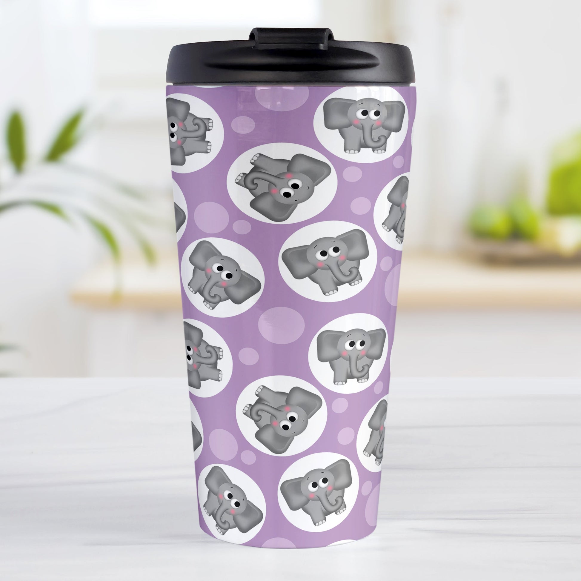 Cute Purple Elephant Pattern Travel Mug (15oz, stainless steel insulated) at Amy's Coffee Mugs. A travel mug designed with cute and affectionate gray elephants in white circles scattered over a purple background color in a pattern that wraps around the travel mug.