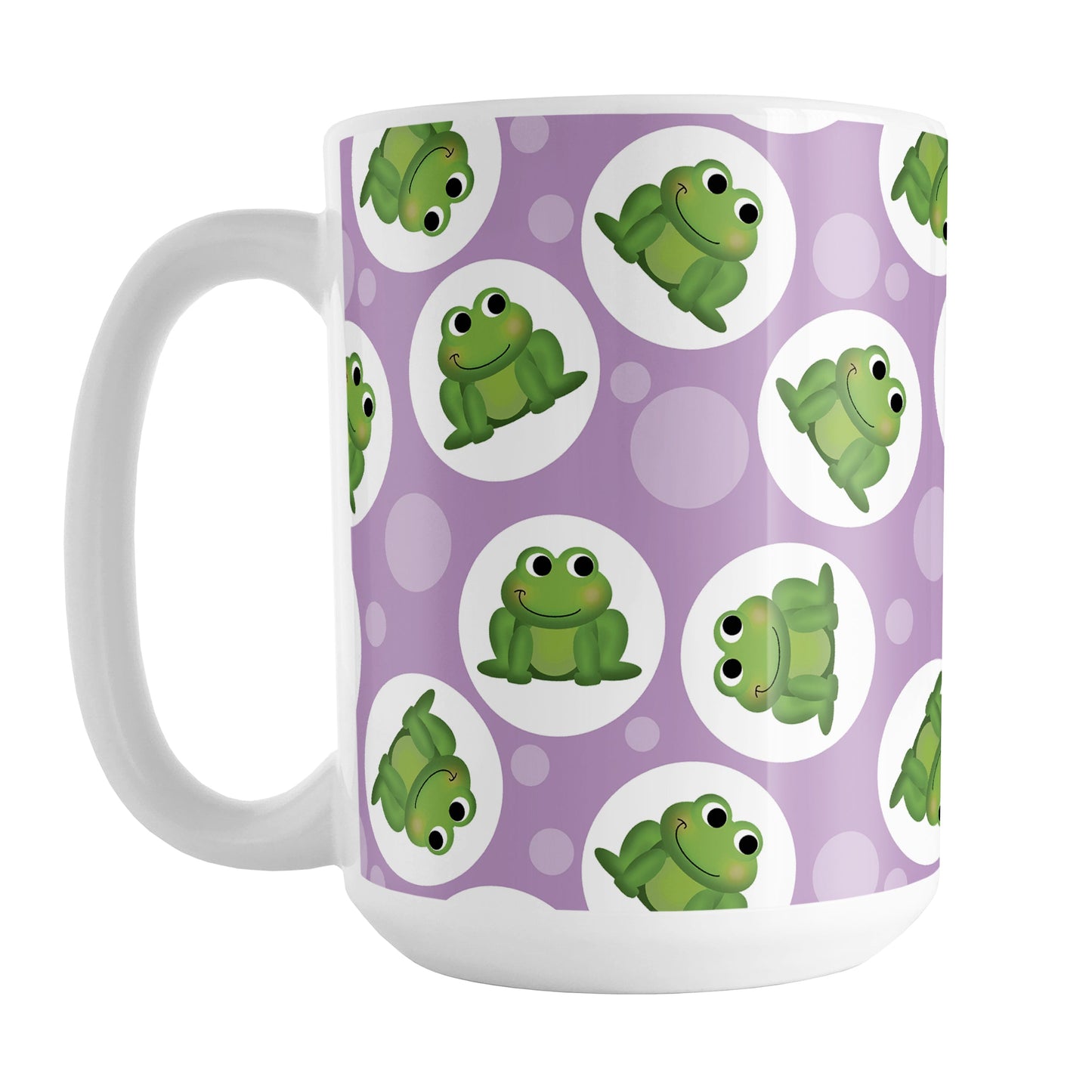Cute Purple Frog Pattern Mug (15oz) at Amy's Coffee Mugs. A ceramic coffee mug designed with cute and smiling green frogs in white circles scattered over a purple background color in a pattern that wraps around the mug up to the handle.