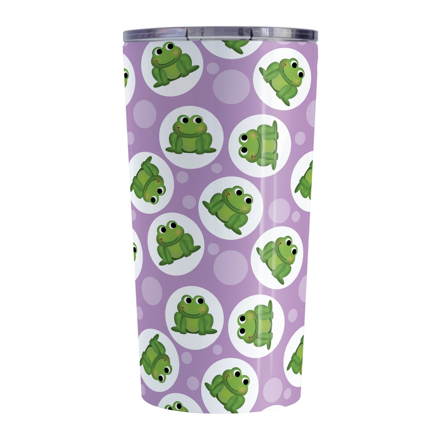 Cute Purple Frog Pattern Tumbler Cup (20oz, stainless steel insulated) at Amy's Coffee Mugs. A tumbler cup designed with cute and smiling green frogs in white circles scattered over a purple background color in a pattern that wraps around the cup.