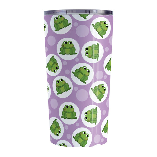 Cute Purple Frog Pattern Tumbler Cup (20oz, stainless steel insulated) at Amy's Coffee Mugs. A tumbler cup designed with cute and smiling green frogs in white circles scattered over a purple background color in a pattern that wraps around the cup.
