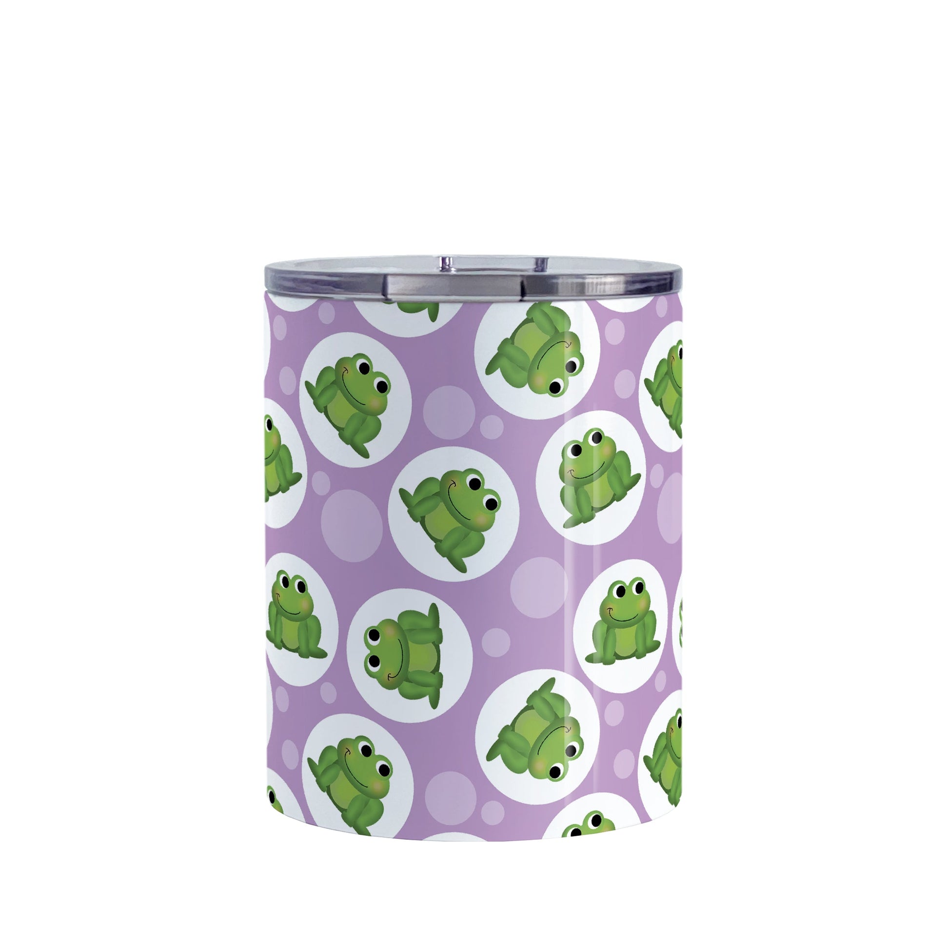 Cute Purple Frog Pattern Tumbler Cup (10oz, stainless steel insulated) at Amy's Coffee Mugs. A tumbler cup designed with cute and smiling green frogs in white circles scattered over a purple background color in a pattern that wraps around the cup.