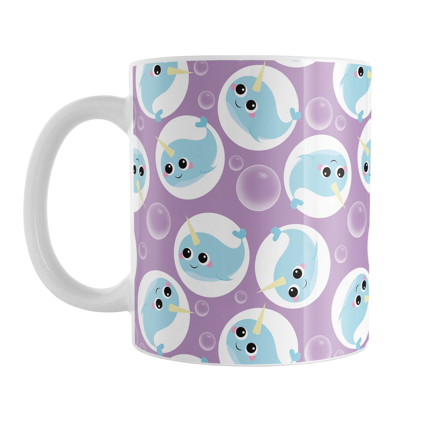 Cute Purple Narwhal Bubble Pattern Mug (11oz) at Amy's Coffee Mugs. A ceramic coffee mug designed with cute light blue narwhals in white circles and with bubbles scattered over a purple background color in a pattern that wraps around the mug up to the handle.