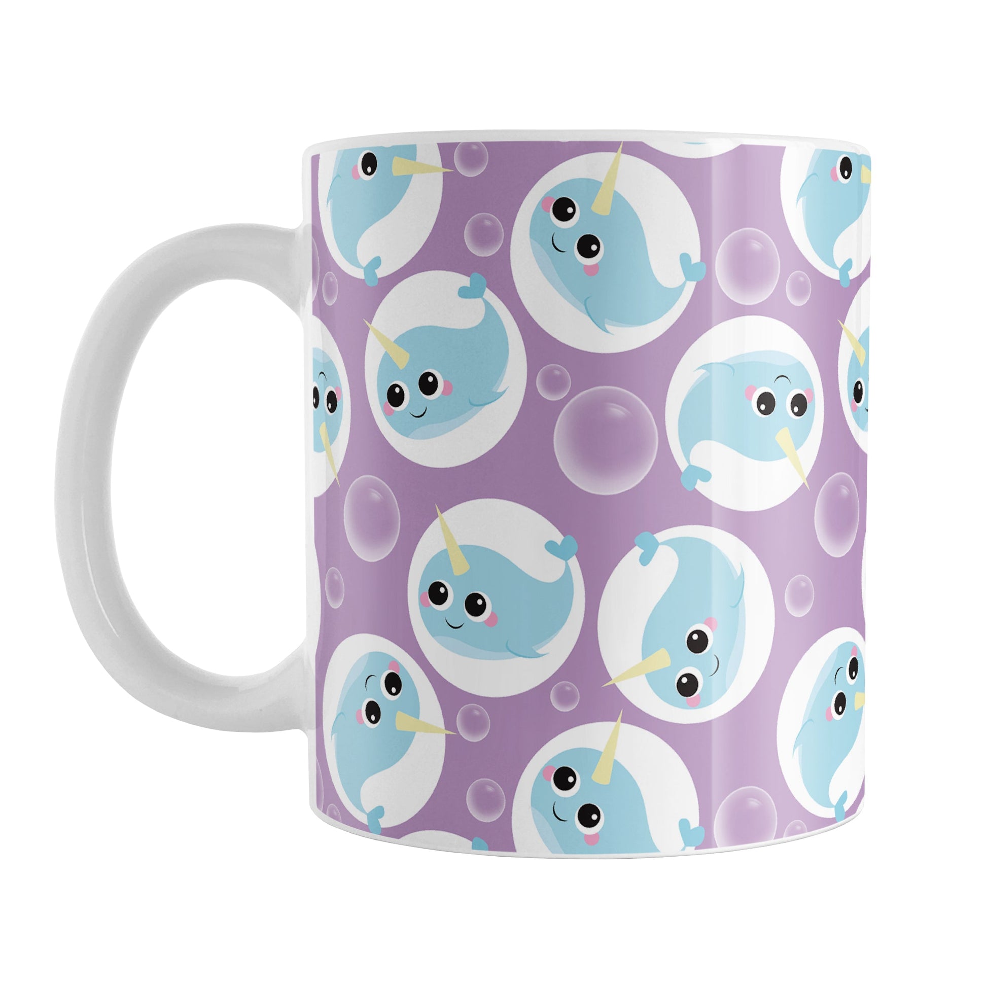 Cute Purple Narwhal Bubble Pattern Mug (11oz) at Amy's Coffee Mugs. A ceramic coffee mug designed with cute light blue narwhals in white circles and with bubbles scattered over a purple background color in a pattern that wraps around the mug up to the handle.