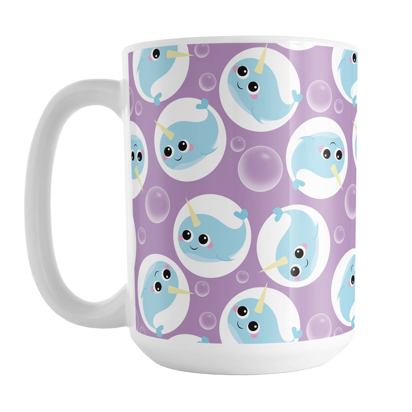Cute Purple Narwhal Bubble Pattern Mug (15oz) at Amy's Coffee Mugs. A ceramic coffee mug designed with cute light blue narwhals in white circles and with bubbles scattered over a purple background color in a pattern that wraps around the mug up to the handle.