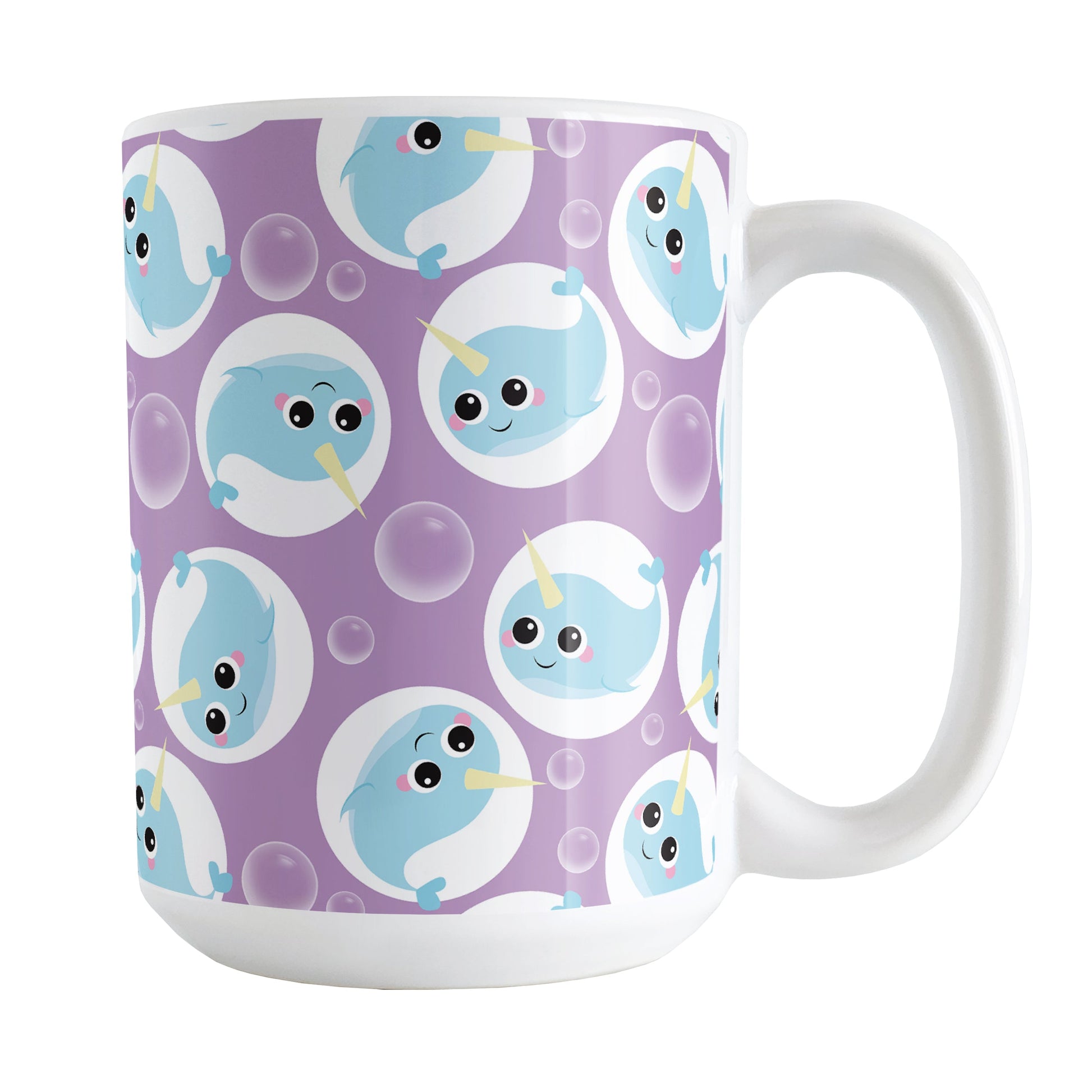 Cute Purple Narwhal Bubble Pattern Mug (15oz) at Amy's Coffee Mugs. A ceramic coffee mug designed with cute light blue narwhals in white circles and with bubbles scattered over a purple background color in a pattern that wraps around the mug up to the handle.