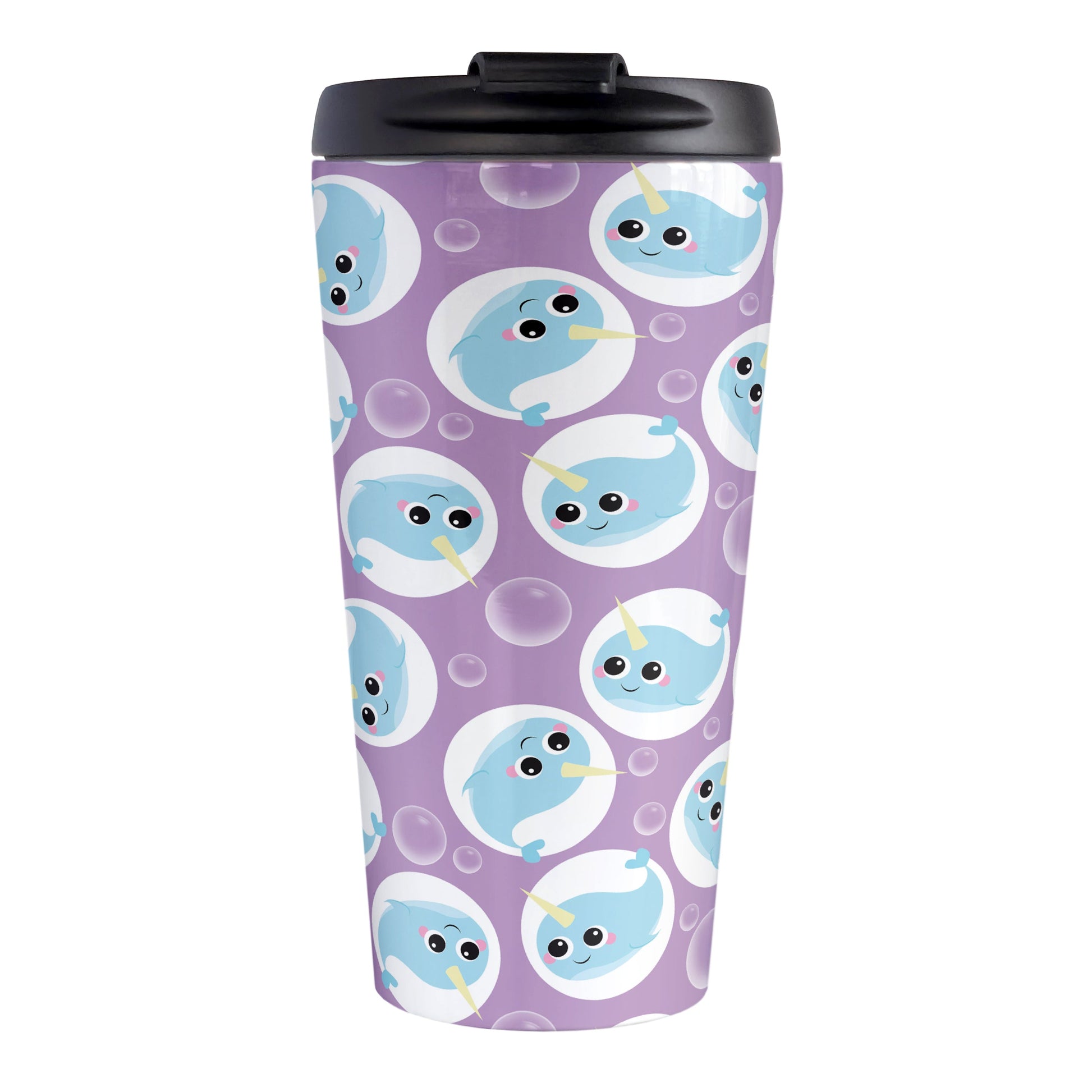 Cute Purple Narwhal Bubble Pattern Travel Mug (15oz, stainless steel insulated) at Amy's Coffee Mugs. A travel mug designed with cute light blue narwhals in white circles and with bubbles scattered over a purple background color in a pattern that wraps around the travel mug.