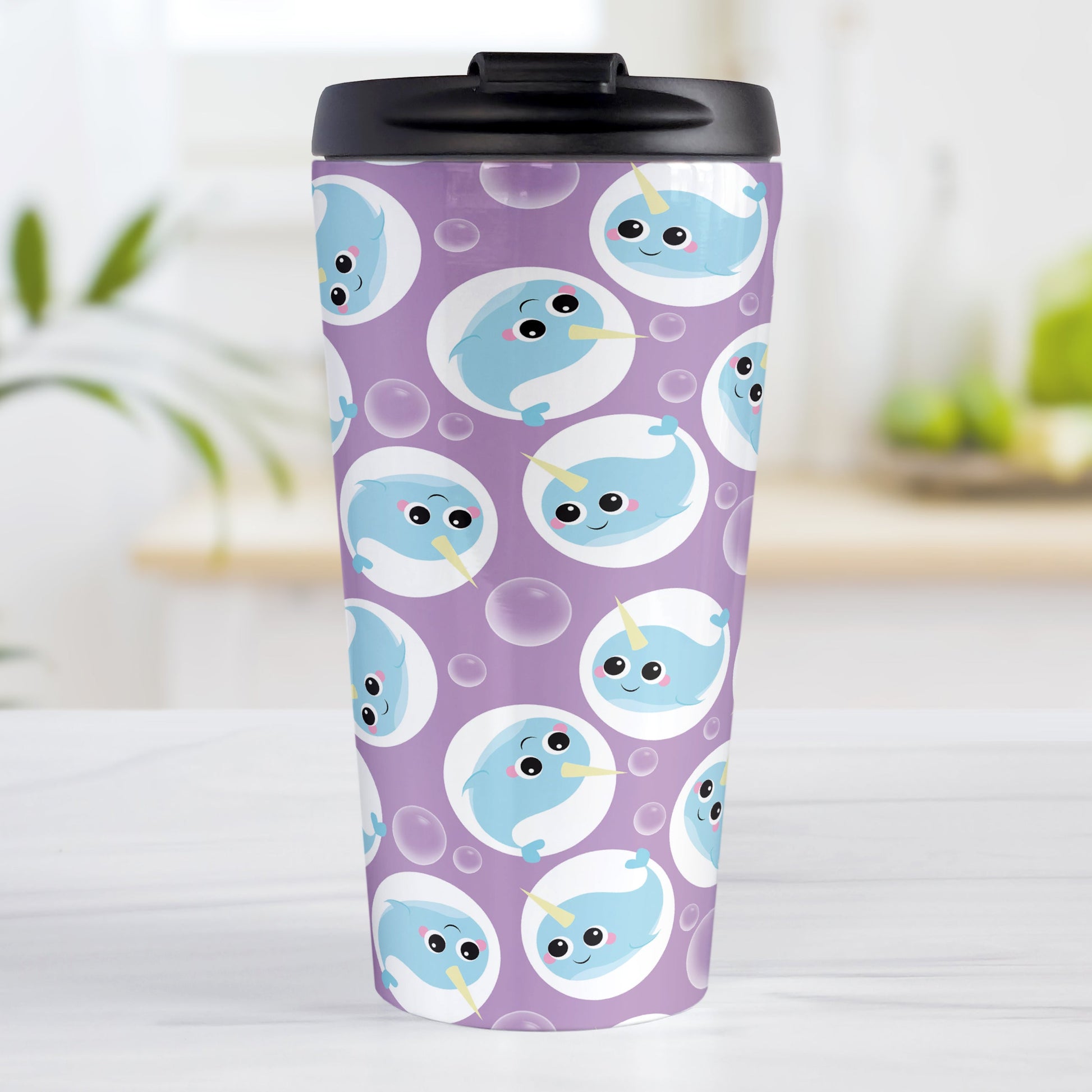 Cute Purple Narwhal Bubble Pattern Travel Mug (15oz, stainless steel insulated) at Amy's Coffee Mugs. A travel mug designed with cute light blue narwhals in white circles and with bubbles scattered over a purple background color in a pattern that wraps around the travel mug.