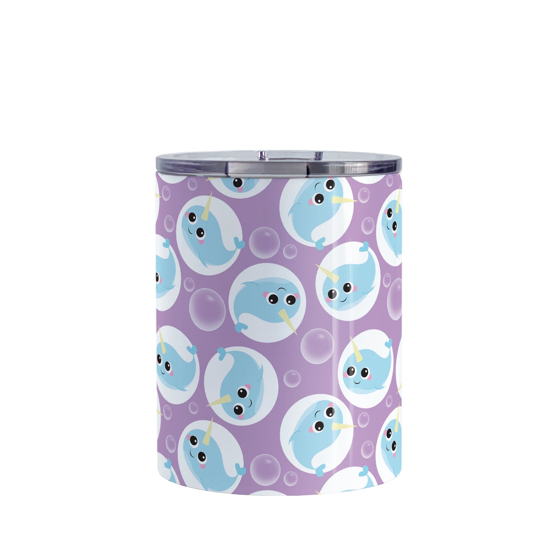 Cute Purple Narwhal Bubble Pattern Tumbler Cup (10oz, stainless steel insulated) at Amy's Coffee Mugs. A tumbler cup designed with cute light blue narwhals in white circles and with bubbles scattered over a purple background color in a pattern that wraps around the cup.