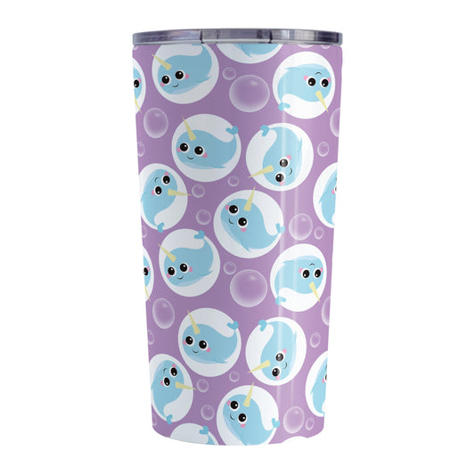 Cute Purple Narwhal Bubble Pattern Tumbler Cup (20oz, stainless steel insulated) at Amy's Coffee Mugs. A tumbler cup designed with cute light blue narwhals in white circles and with bubbles scattered over a purple background color in a pattern that wraps around the cup.