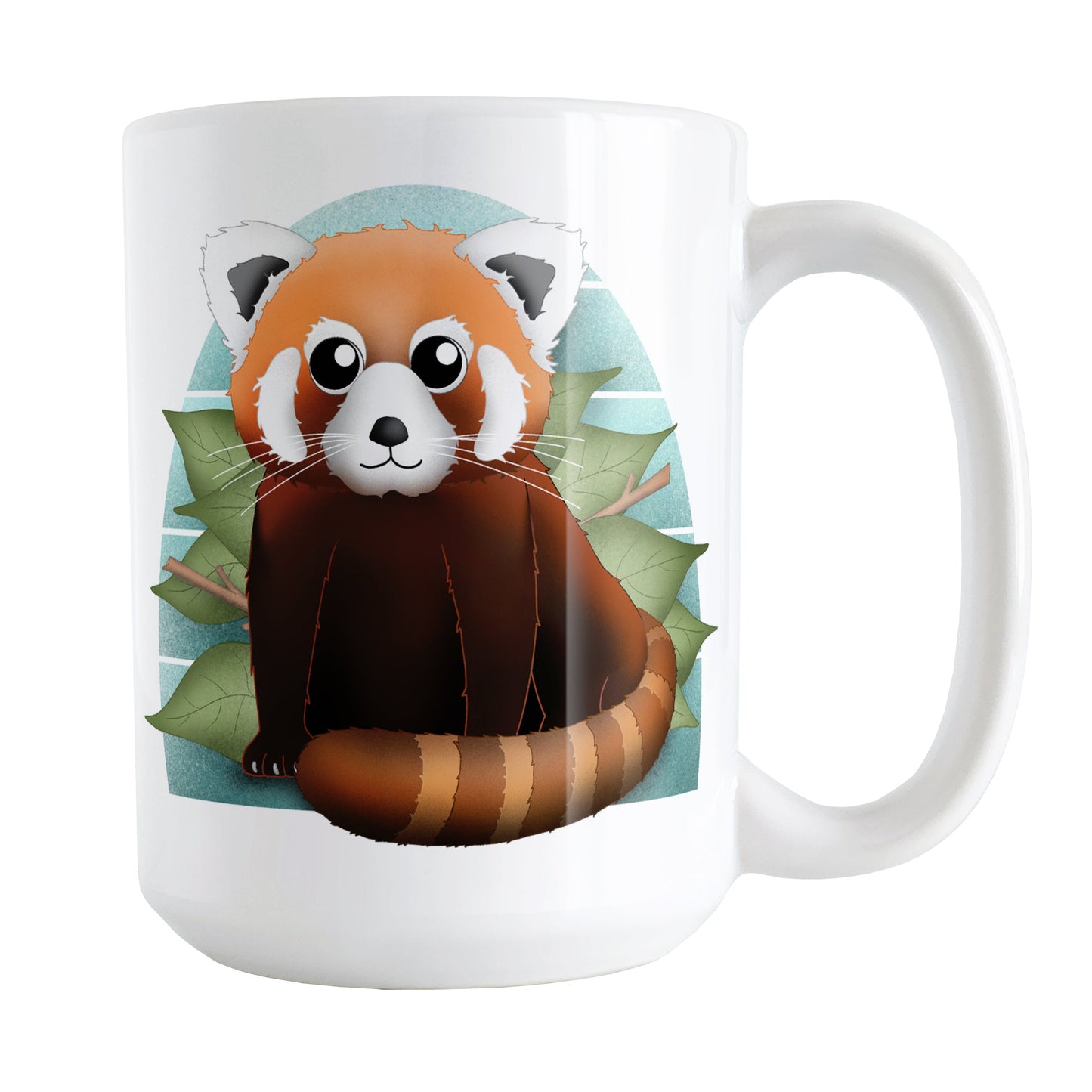 Cute Red Panda Mug (15oz) at Amy's Coffee Mugs. A ceramic coffee mug designed with an illustration of a lovable and cute red panda over a green leaf and blue background design on both sides of the mug.