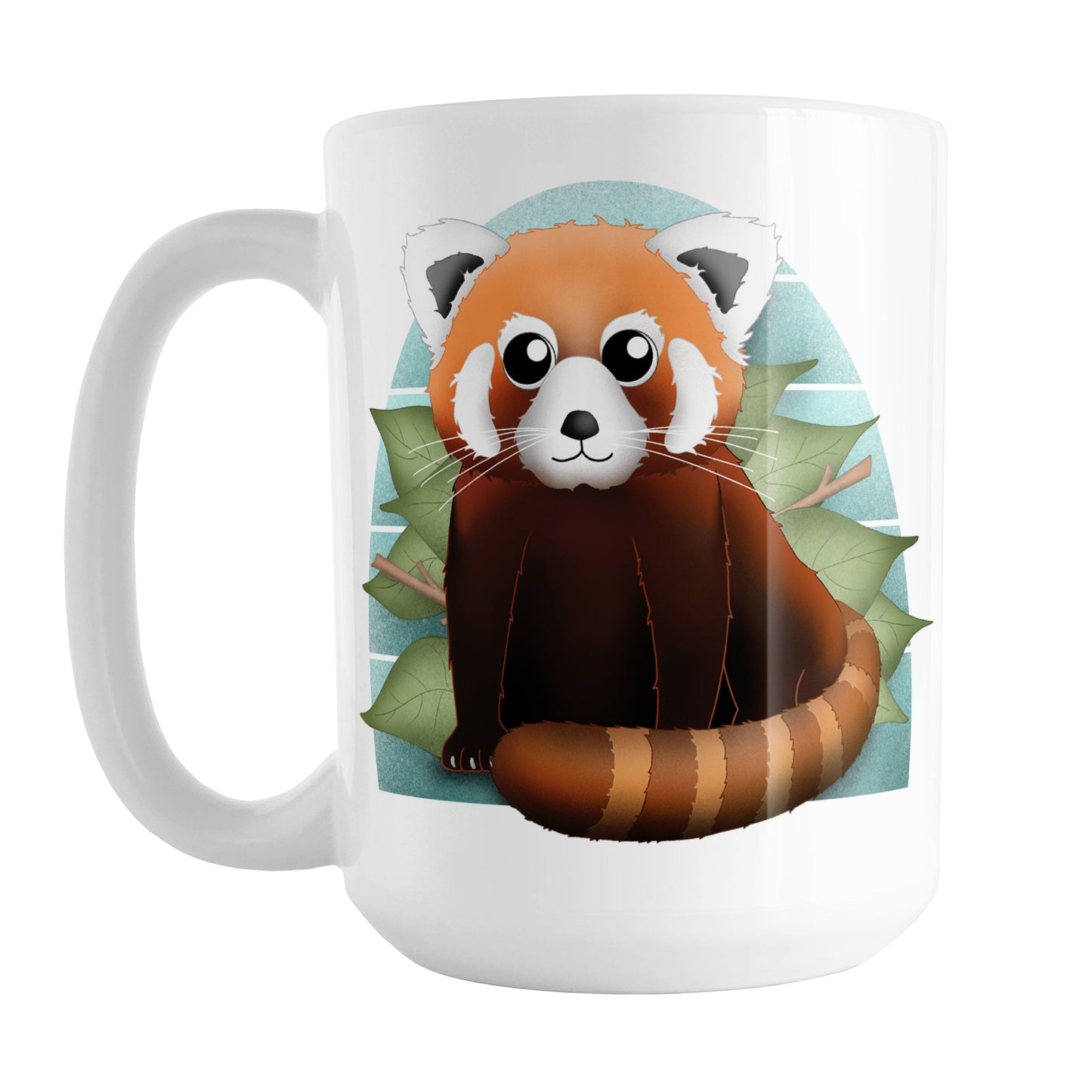 Cute Red Panda Mug (15oz) at Amy's Coffee Mugs. A ceramic coffee mug designed with an illustration of a lovable and cute red panda over a green leaf and blue background design on both sides of the mug.