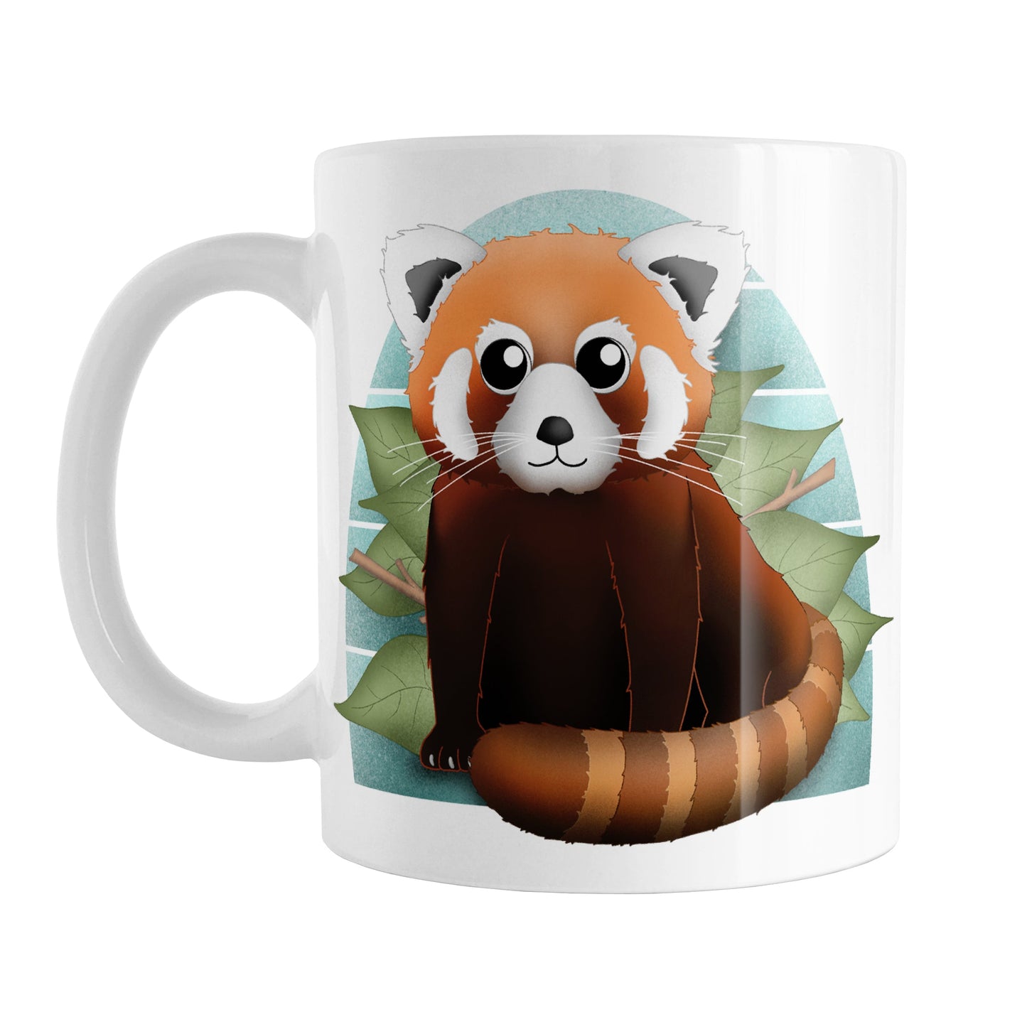 Cute Red Panda Mug (11oz) at Amy's Coffee Mugs. A ceramic coffee mug designed with an illustration of a lovable and cute red panda over a green leaf and blue background design on both sides of the mug.