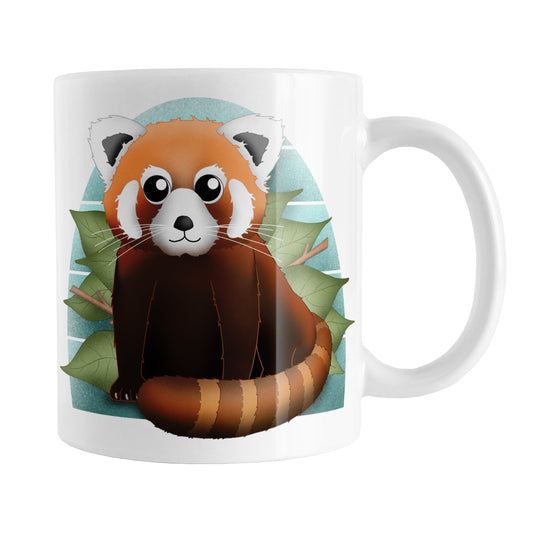 Cute Red Panda Mug (11oz) at Amy's Coffee Mugs. A ceramic coffee mug designed with an illustration of a lovable and cute red panda over a green leaf and blue background design on both sides of the mug.
