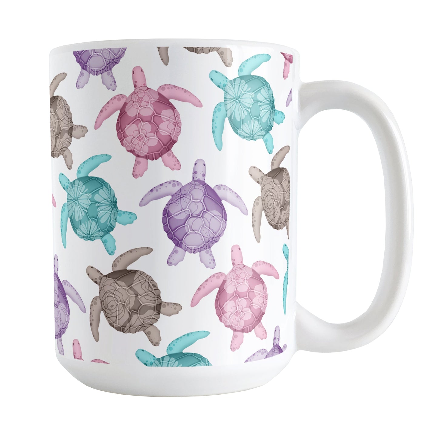 Cute Sea Turtles Pattern Mug (15oz) at Amy's Coffee Mugs. A ceramic mug with a pattern of sea turtles in a cute color palette of pink, purple, teal and brown that wraps around the mug to the handle. Each cute-colored sea turtle has a different floral watermark over its shell.