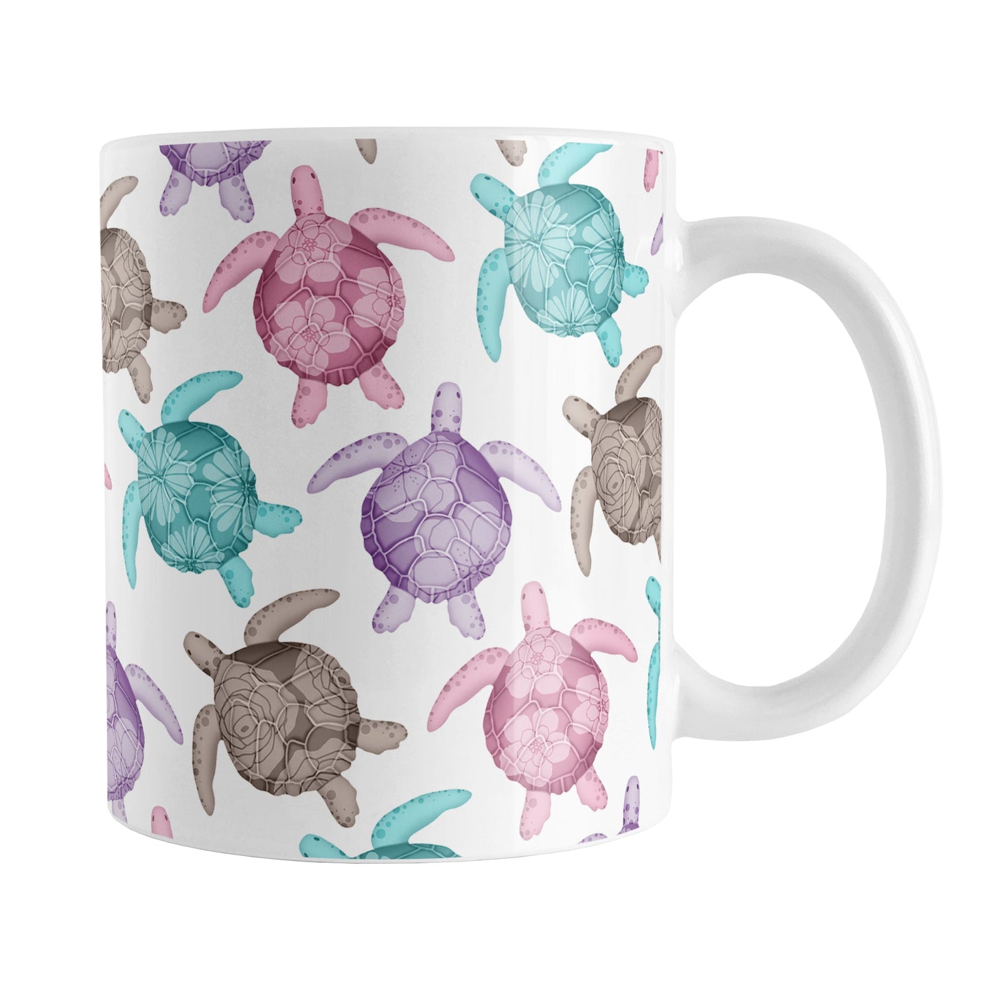 Cute Sea Turtles Pattern Mug (11oz) at Amy's Coffee Mugs. A ceramic mug with a pattern of sea turtles in a cute color palette of pink, purple, teal and brown that wraps around the mug to the handle. Each cute-colored sea turtle has a different floral watermark over its shell.