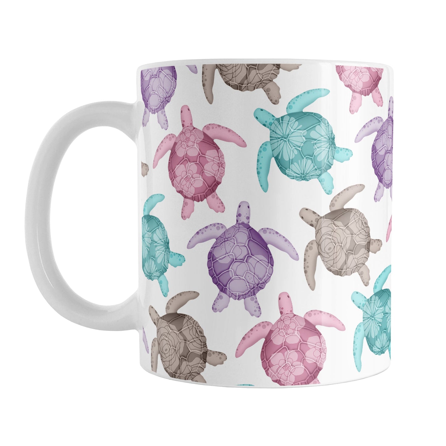 Cute Sea Turtles Pattern Mug (11oz) at Amy's Coffee Mugs. A ceramic mug with a pattern of sea turtles in a cute color palette of pink, purple, teal and brown that wraps around the mug to the handle. Each cute-colored sea turtle has a different floral watermark over its shell.