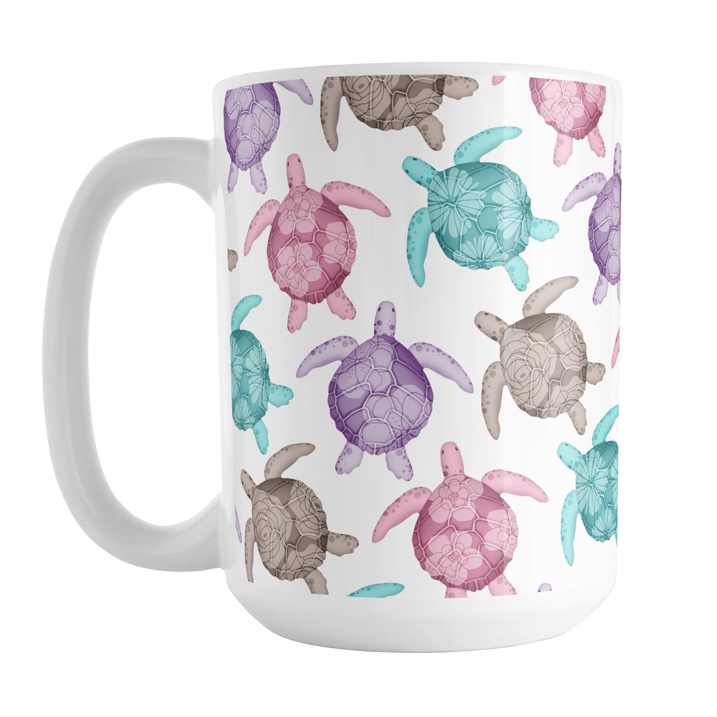 Cute Sea Turtles Pattern Mug (15oz) at Amy's Coffee Mugs. A ceramic mug with a pattern of sea turtles in a cute color palette of pink, purple, teal and brown that wraps around the mug to the handle. Each cute-colored sea turtle has a different floral watermark over its shell.