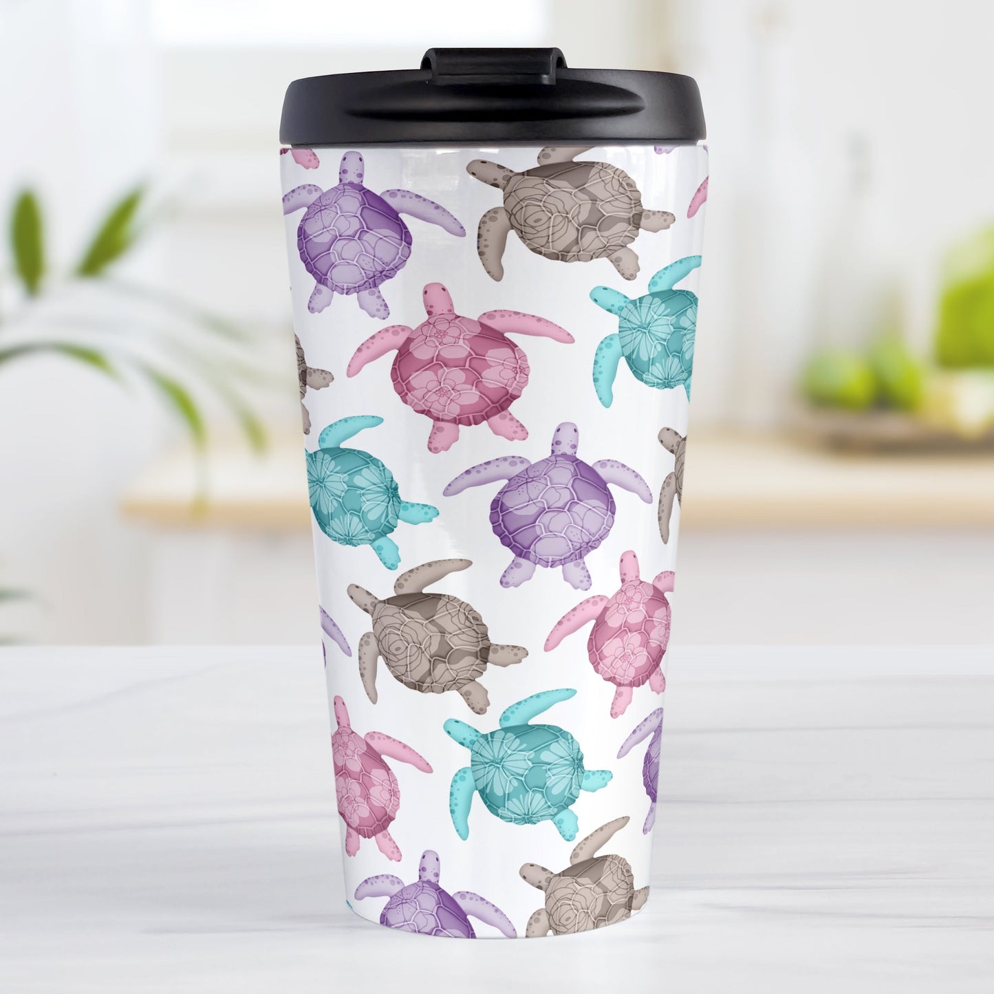 Cute Sea Turtles Pattern Travel Mug (15oz, stainless steel insulated) at Amy's Coffee Mugs. A travel mug with a pattern of sea turtles in a cute color palette of pink, purple, teal and brown that wraps around the travel mug. Each cute-colored sea turtle has a different floral watermark over its shell.