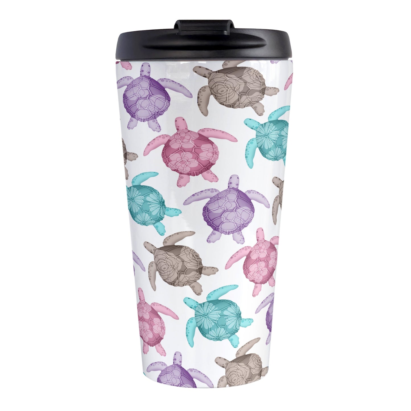 Cute Sea Turtles Pattern Travel Mug (15oz, stainless steel insulated) at Amy's Coffee Mugs. A travel mug with a pattern of sea turtles in a cute color palette of pink, purple, teal and brown that wraps around the travel mug. Each cute-colored sea turtle has a different floral watermark over its shell.