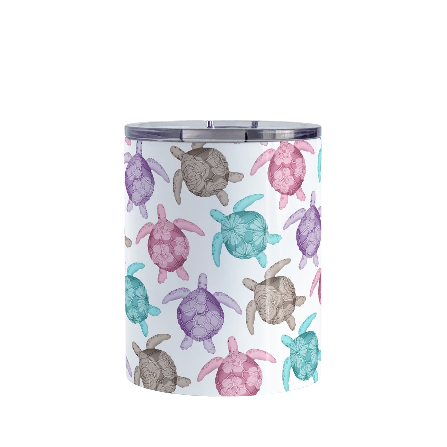 Cute Sea Turtles Pattern Tumbler Cup (10oz, stainless steel insulated) at Amy's Coffee Mugs. A tumbler cup with a pattern of sea turtles in a cute color palette of pink, purple, teal and brown that wraps around the cup. Each cute-colored sea turtle has a different floral watermark over its shell.