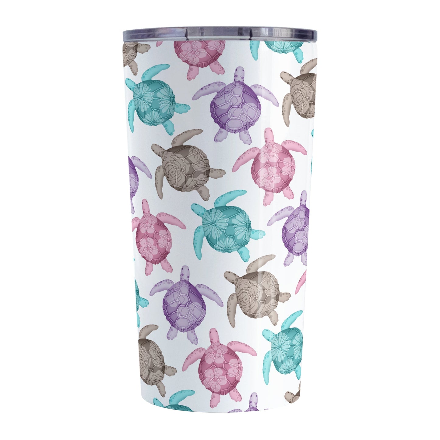Cute Sea Turtles Pattern Tumbler Cup (20oz, stainless steel insulated) at Amy's Coffee Mugs. A tumbler cup with a pattern of sea turtles in a cute color palette of pink, purple, teal and brown that wraps around the cup. Each cute-colored sea turtle has a different floral watermark over its shell.