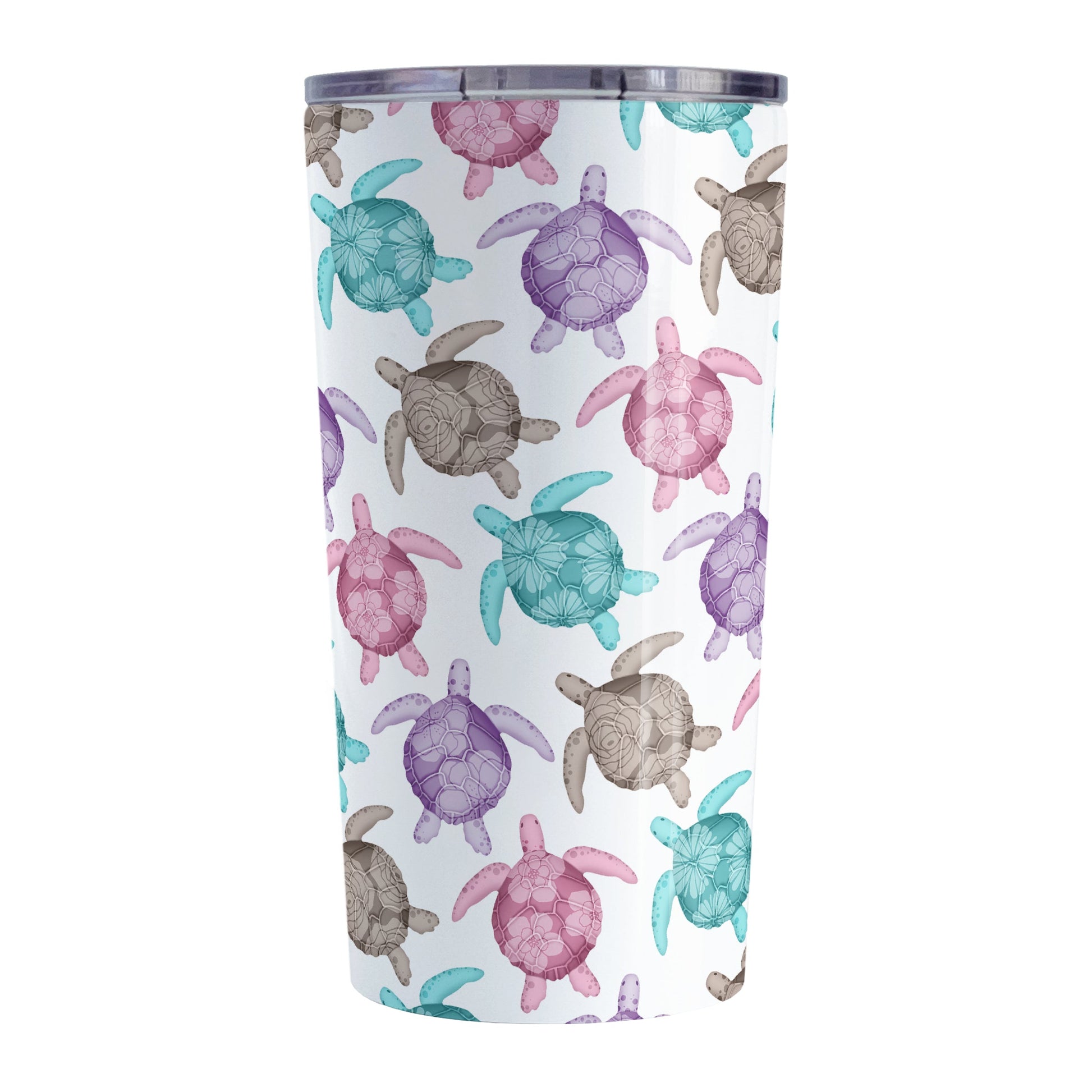 Cute Sea Turtles Pattern Tumbler Cup (20oz, stainless steel insulated) at Amy's Coffee Mugs. A tumbler cup with a pattern of sea turtles in a cute color palette of pink, purple, teal and brown that wraps around the cup. Each cute-colored sea turtle has a different floral watermark over its shell.