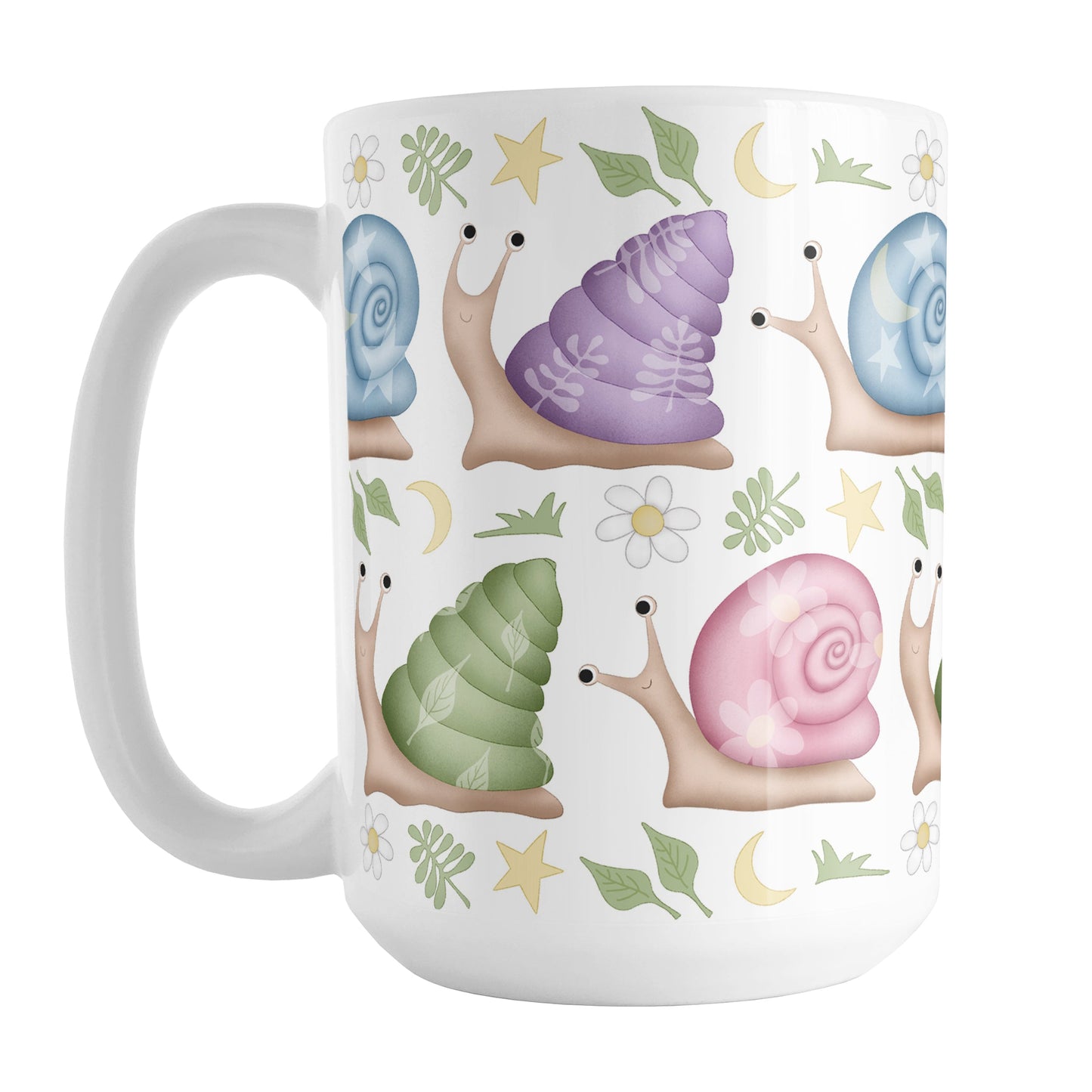 Cute Spring Summer Snails Pattern Mug (15oz) at Amy's Coffee Mugs. A cute snail mug with a whimsical pattern of snails with happy faces in two rows around the mug with pink, purple, blue, and green shells floral and stars watermarks, with foliage, moons, and stars between the rows.
