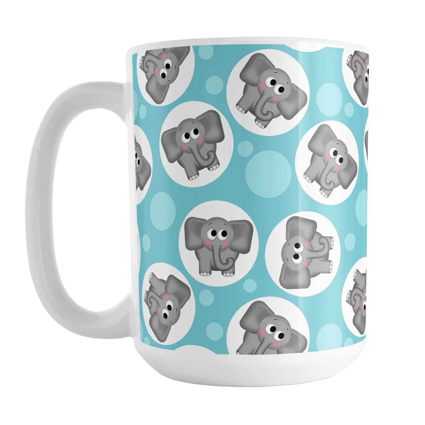Cute Turquoise Elephant Pattern Mug (15oz) at Amy's Coffee Mugs. A ceramic coffee mug designed with cute and affectionate gray elephants in white circles scattered over a turquoise background color in a pattern that wraps around the mug up to the handle.