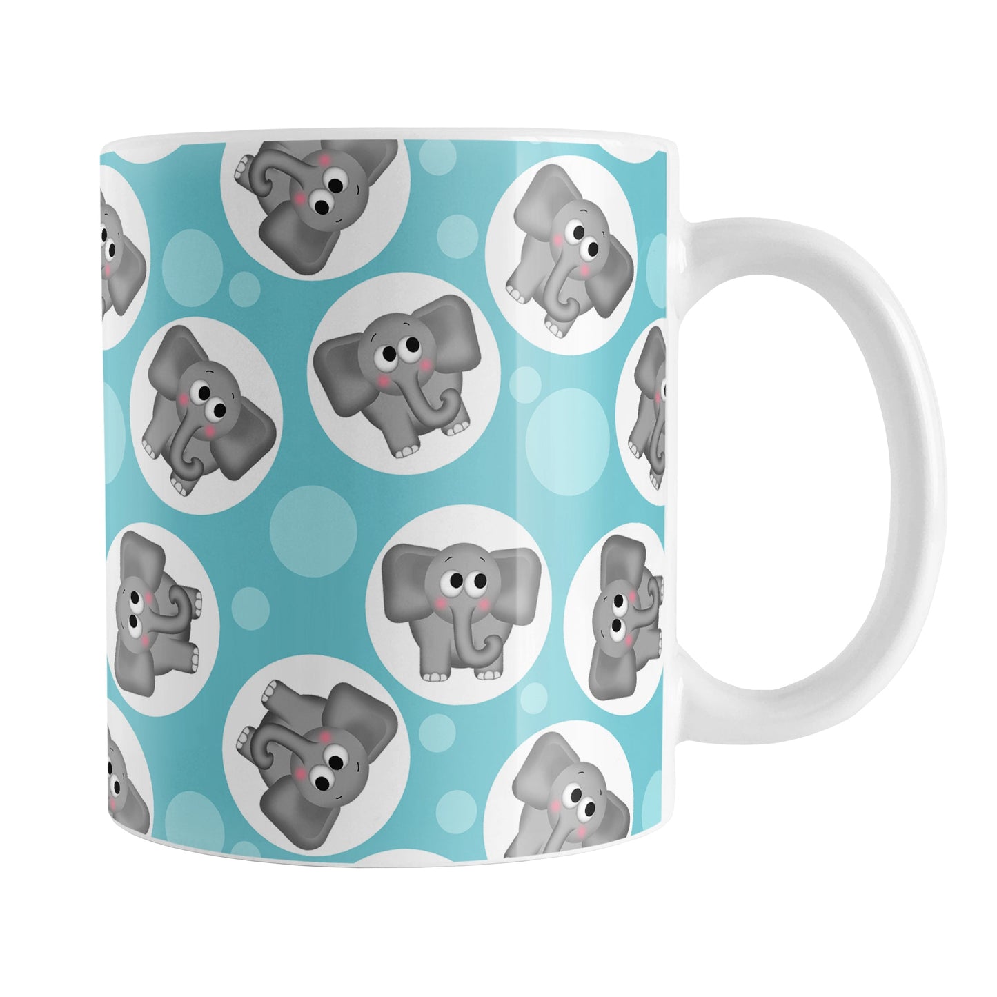Cute Turquoise Elephant Pattern Mug (11oz) at Amy's Coffee Mugs. A ceramic coffee mug designed with cute and affectionate gray elephants in white circles scattered over a turquoise background color in a pattern that wraps around the mug up to the handle.