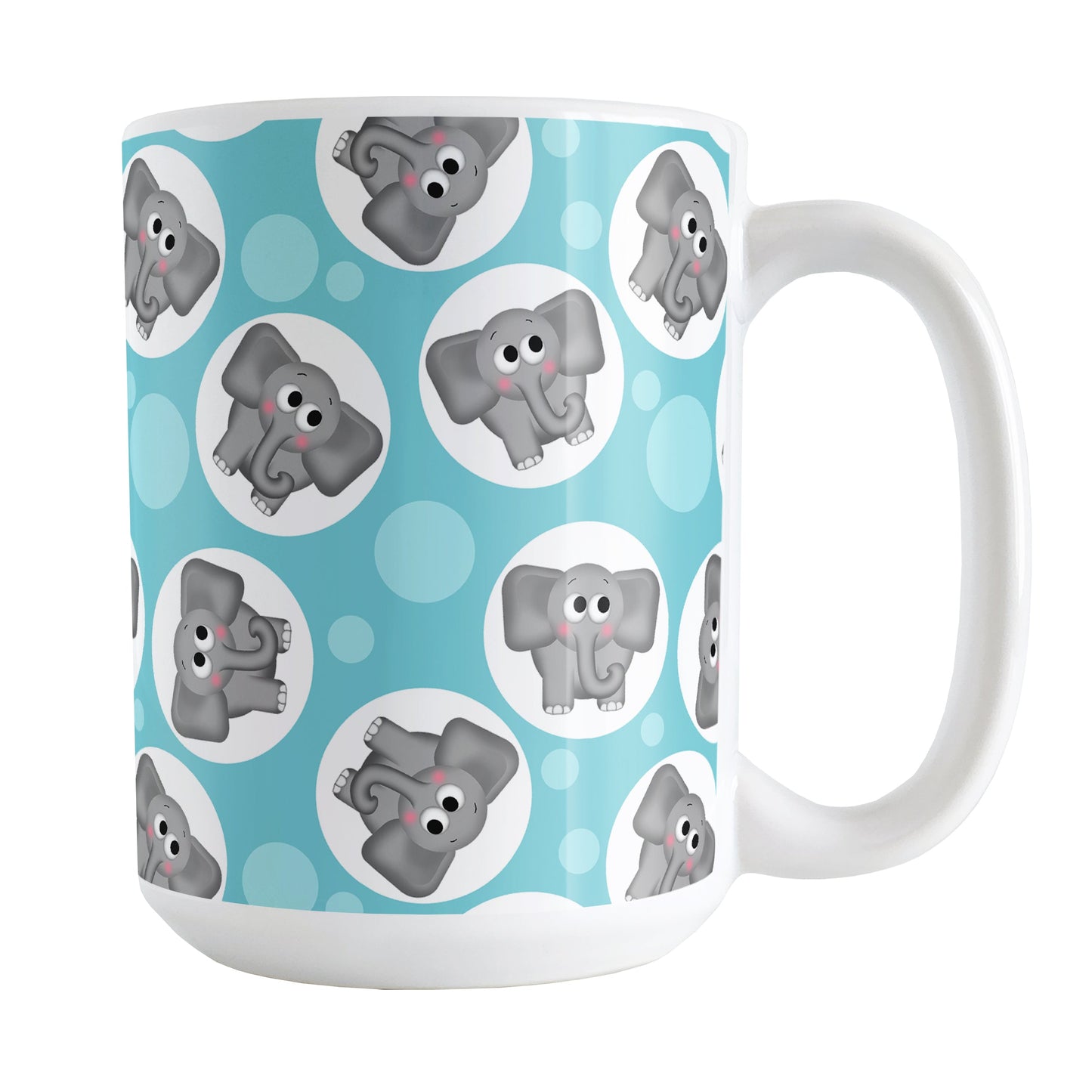 Cute Turquoise Elephant Pattern Mug (15oz) at Amy's Coffee Mugs. A ceramic coffee mug designed with cute and affectionate gray elephants in white circles scattered over a turquoise background color in a pattern that wraps around the mug up to the handle.