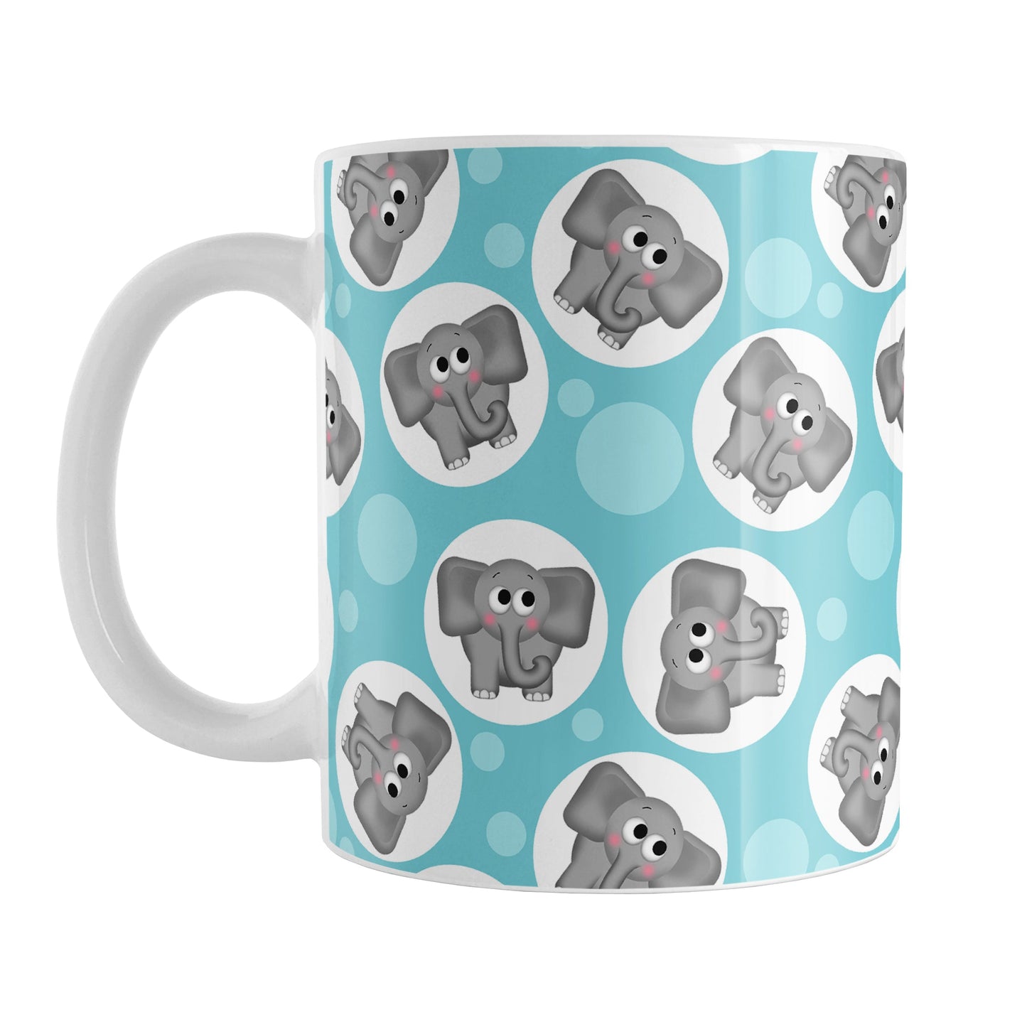 Cute Turquoise Elephant Pattern Mug (11oz) at Amy's Coffee Mugs. A ceramic coffee mug designed with cute and affectionate gray elephants in white circles scattered over a turquoise background color in a pattern that wraps around the mug up to the handle.