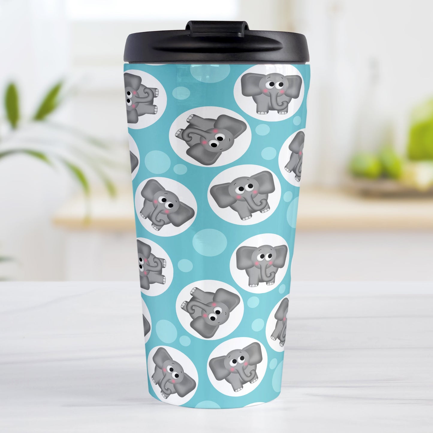 Cute Turquoise Elephant Pattern Travel Mug (15oz, stainless steel insulated) at Amy's Coffee Mugs. A travel mug designed with cute and affectionate gray elephants in white circles scattered over a turquoise background color in a pattern that wraps around the travel mug.