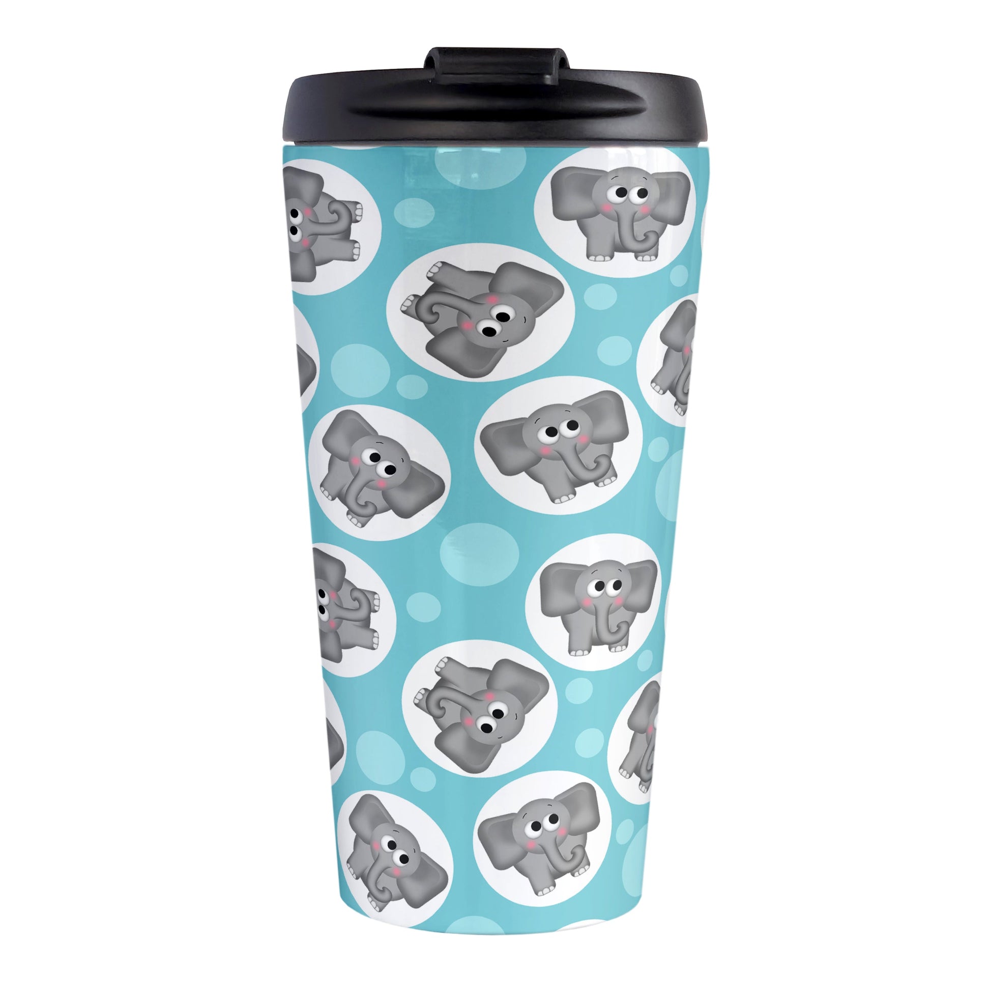 Cute Turquoise Elephant Pattern Travel Mug (15oz, stainless steel insulated) at Amy's Coffee Mugs. A travel mug designed with cute and affectionate gray elephants in white circles scattered over a turquoise background color in a pattern that wraps around the travel mug.